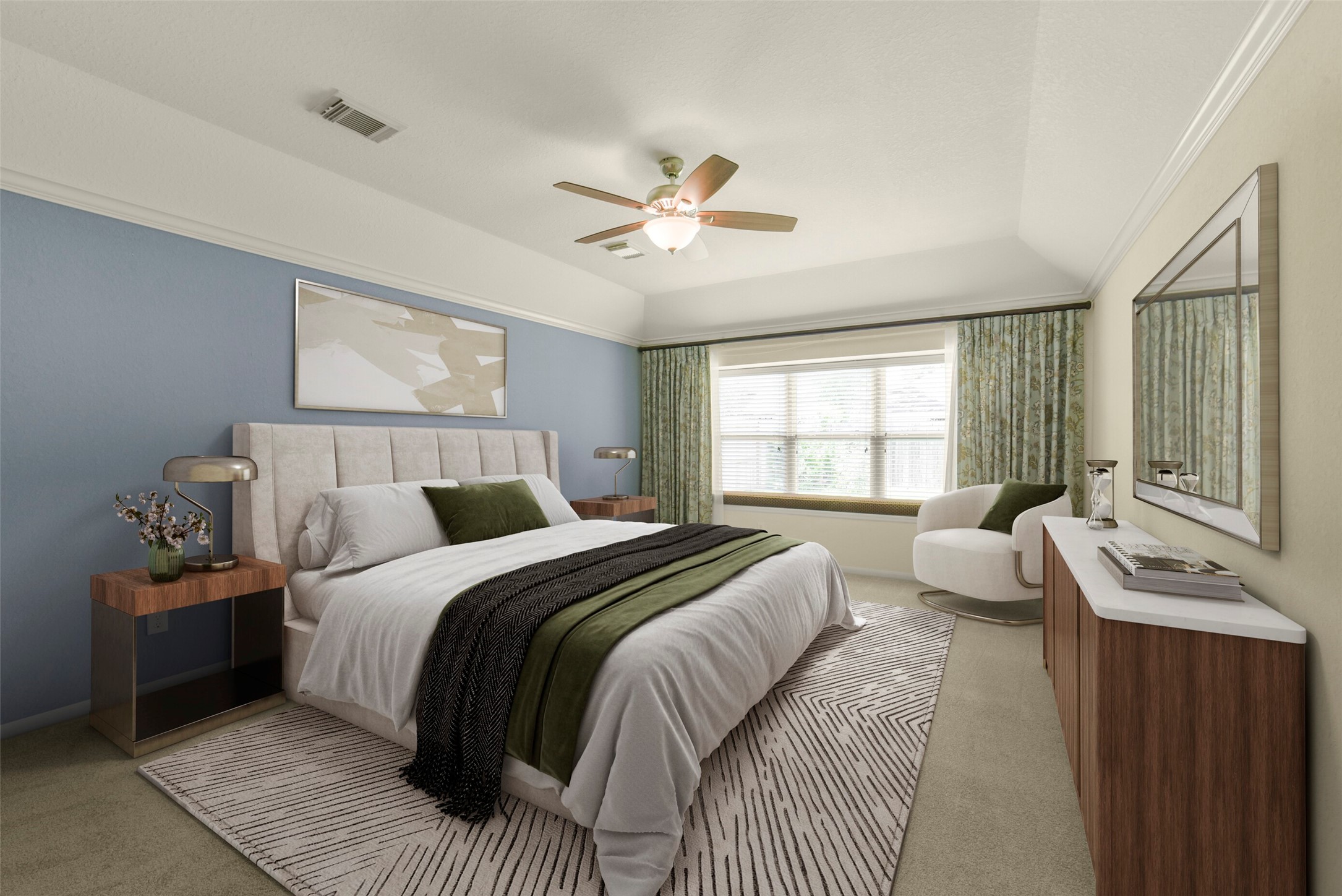 Spacious primary bedroom with soft carpet, a soothing blue accent wall, and a large window offering plenty of natural light.  Virtual Staging.