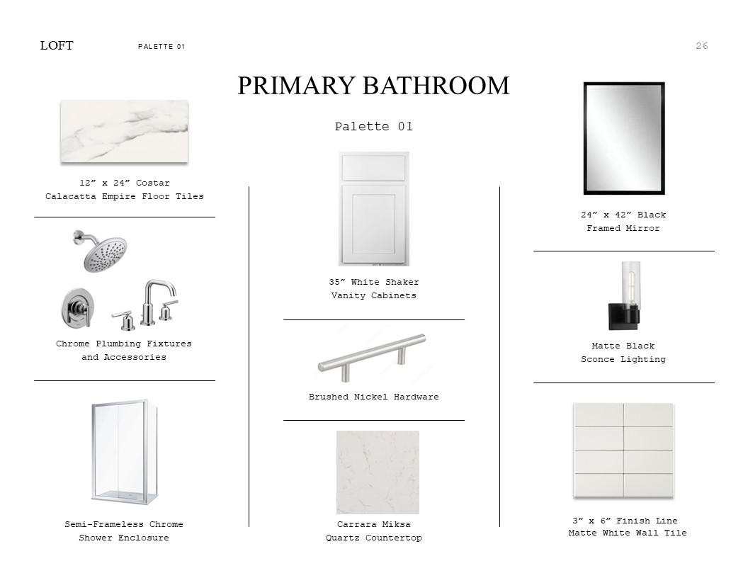 Loft Look Palette 1: Primary Bathroom Selection Sheet (*Artist rendering used for illustration purposes only.)