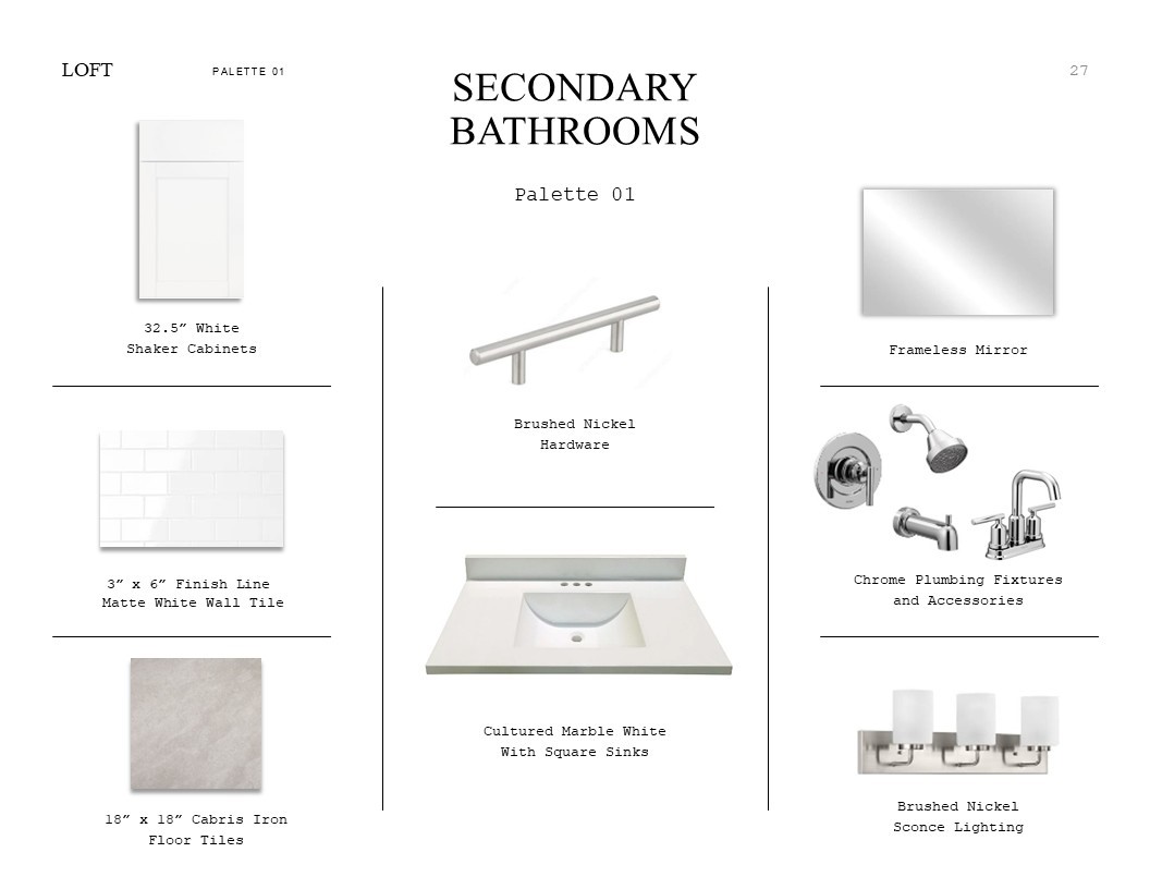 Loft Look Palette 1: Secondary Bathroom Selection Sheet (*Artist rendering used for illustration purposes only.)