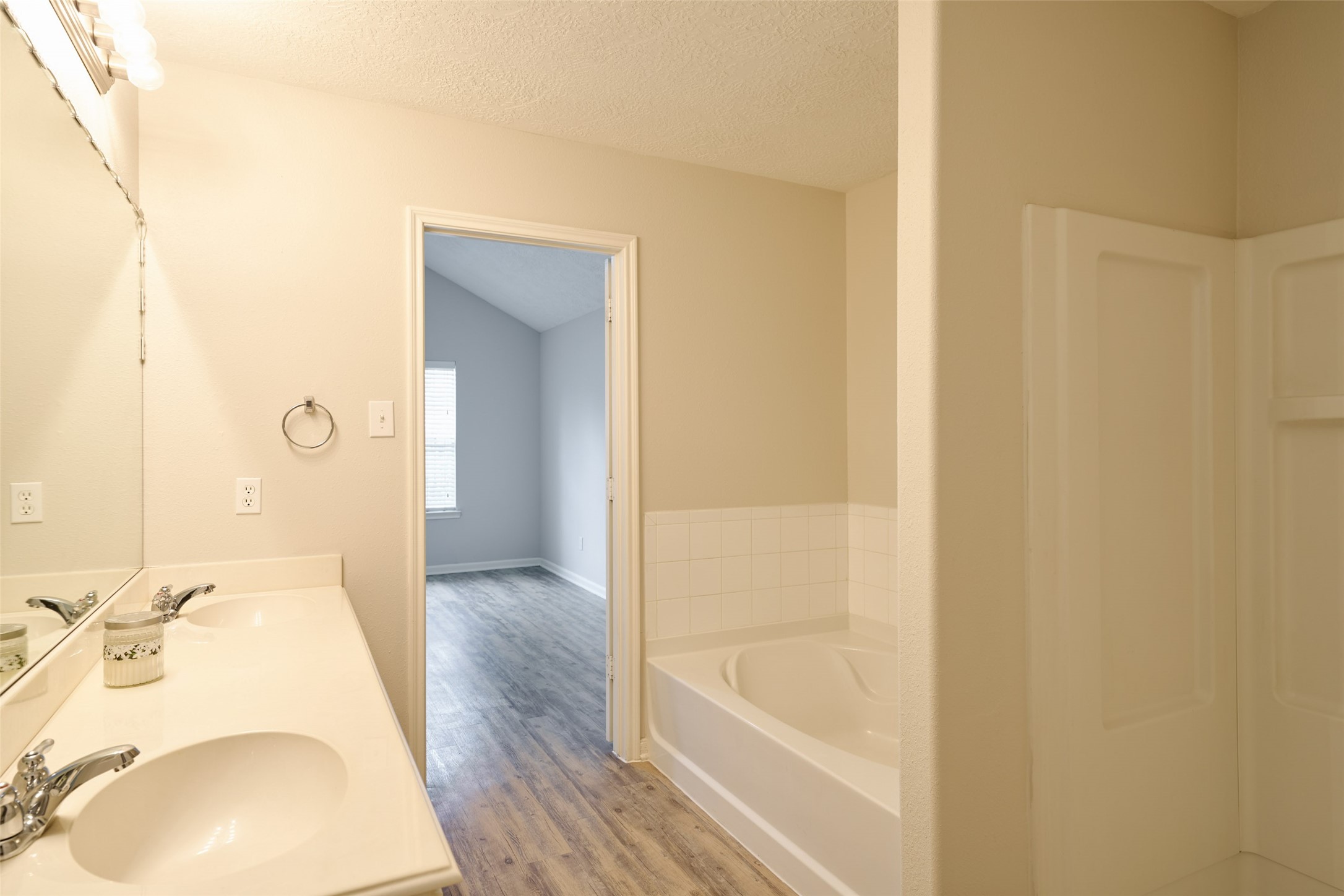 Primary bathroom has double sink vanity with plenty of counter space too!
