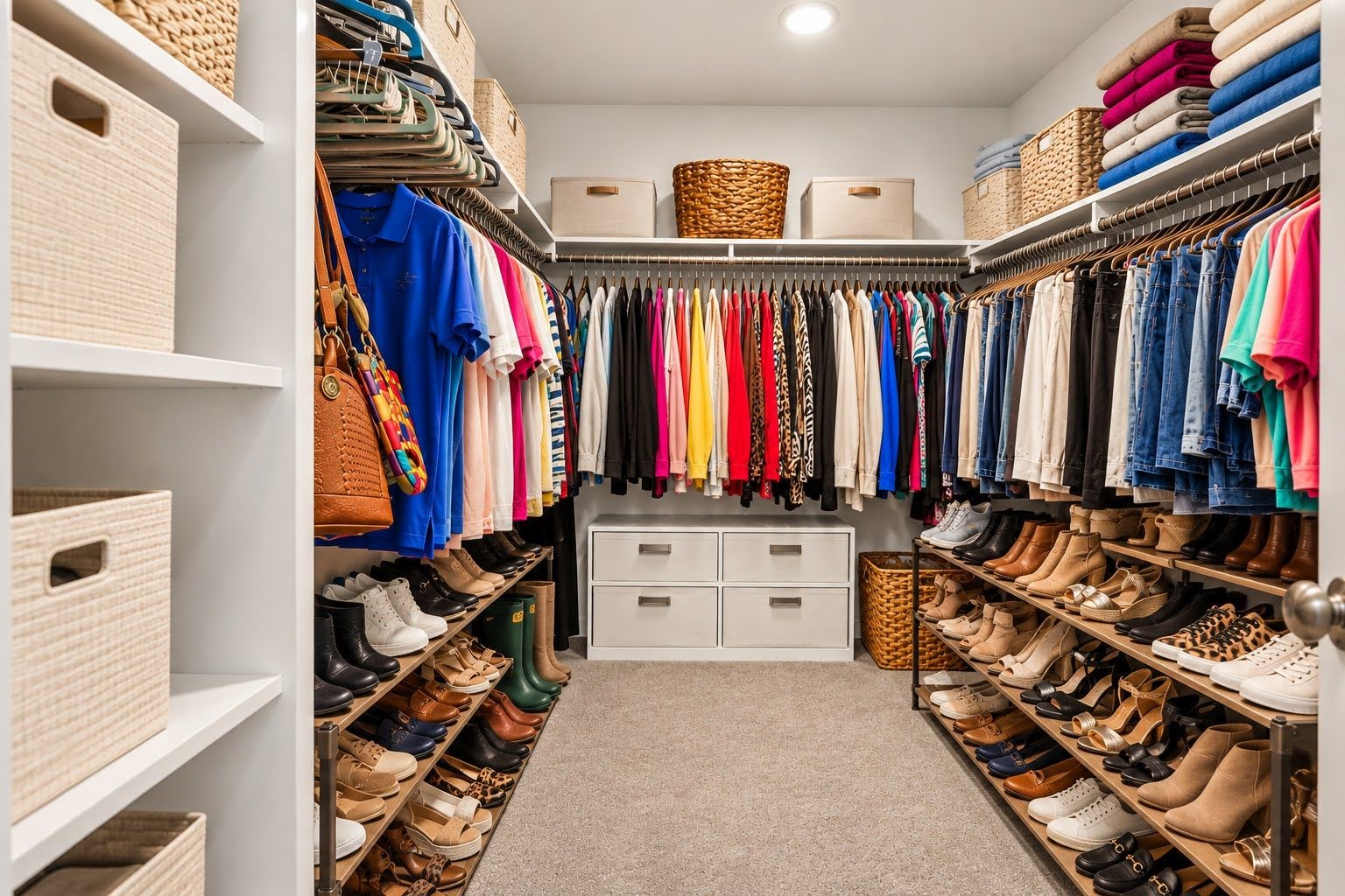 Large primary closet with built in shelving.