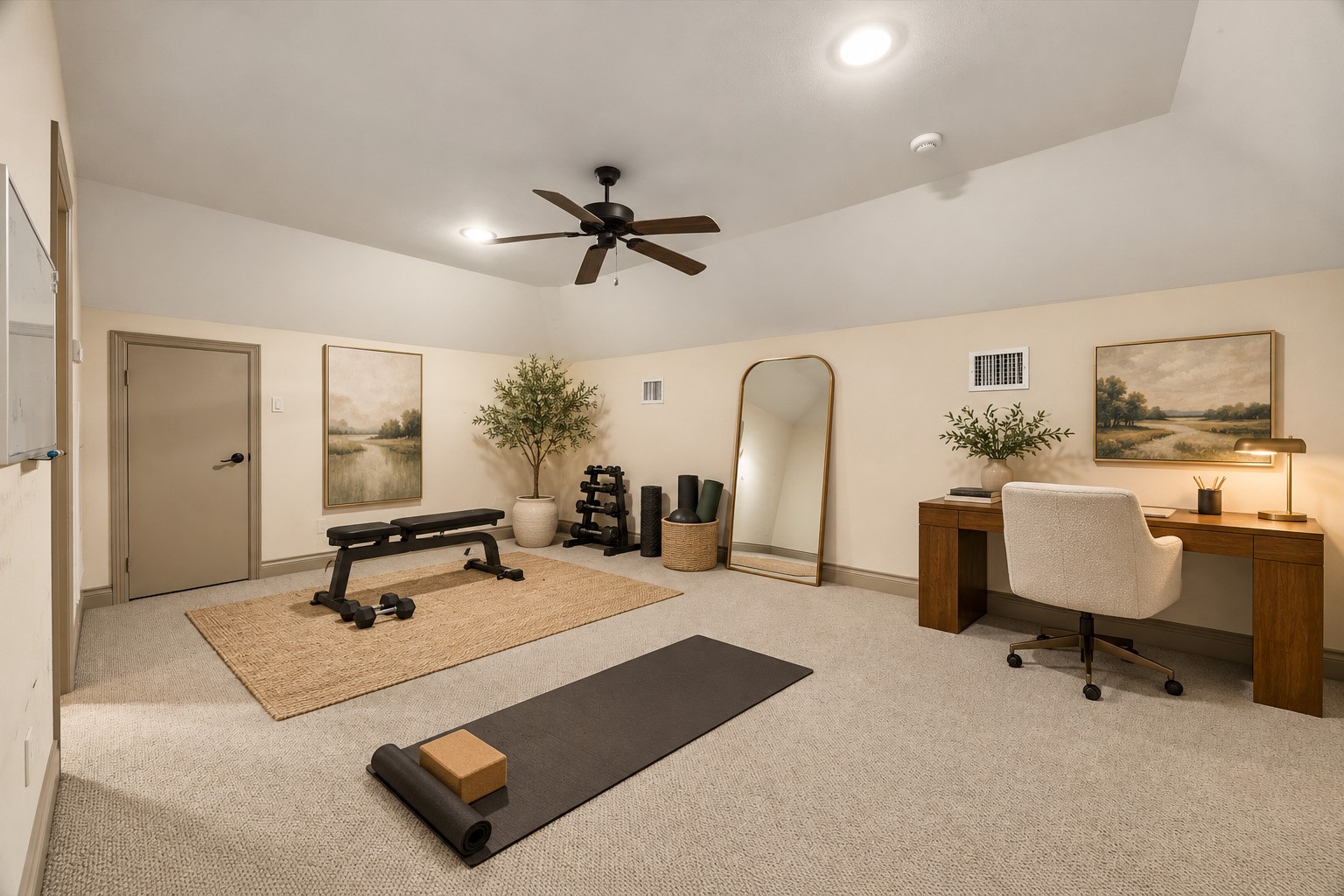 Spacious 3rd floor flex room offers endless possibilities! Makes an ideal 4th bedroom, home office, exercise room, media room or additional game room. Features recessed lighting, ceiling fan & built-in shelving for display & storage. Convenient access to full bath makes this level a fabulous private retreat for guests or additional living space. Virtually staged.