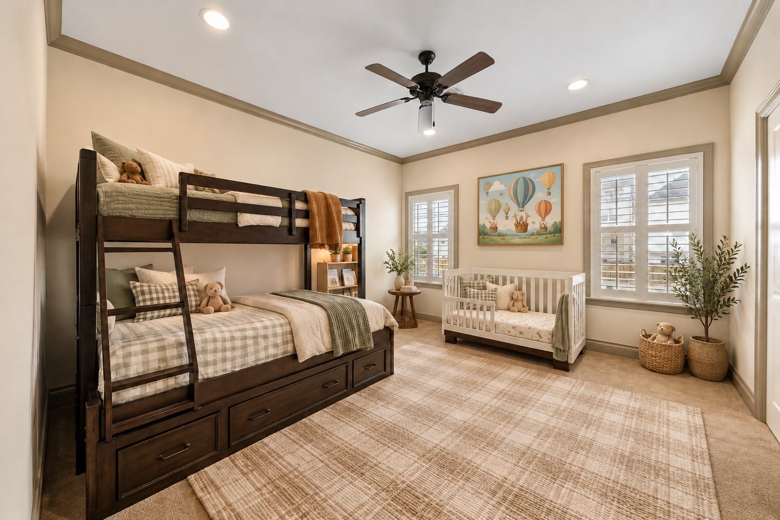 Generously sized 2nd floor secondary bedroom #2 featuring plantation shutters, crown molding, recessed lighting, ceiling fan & carpet. Conveniently connected to adjoining bedroom through Jack & Jill bath, this room also features its own private vanity area & walk-in closet w/ built-ins. Virtually staged.