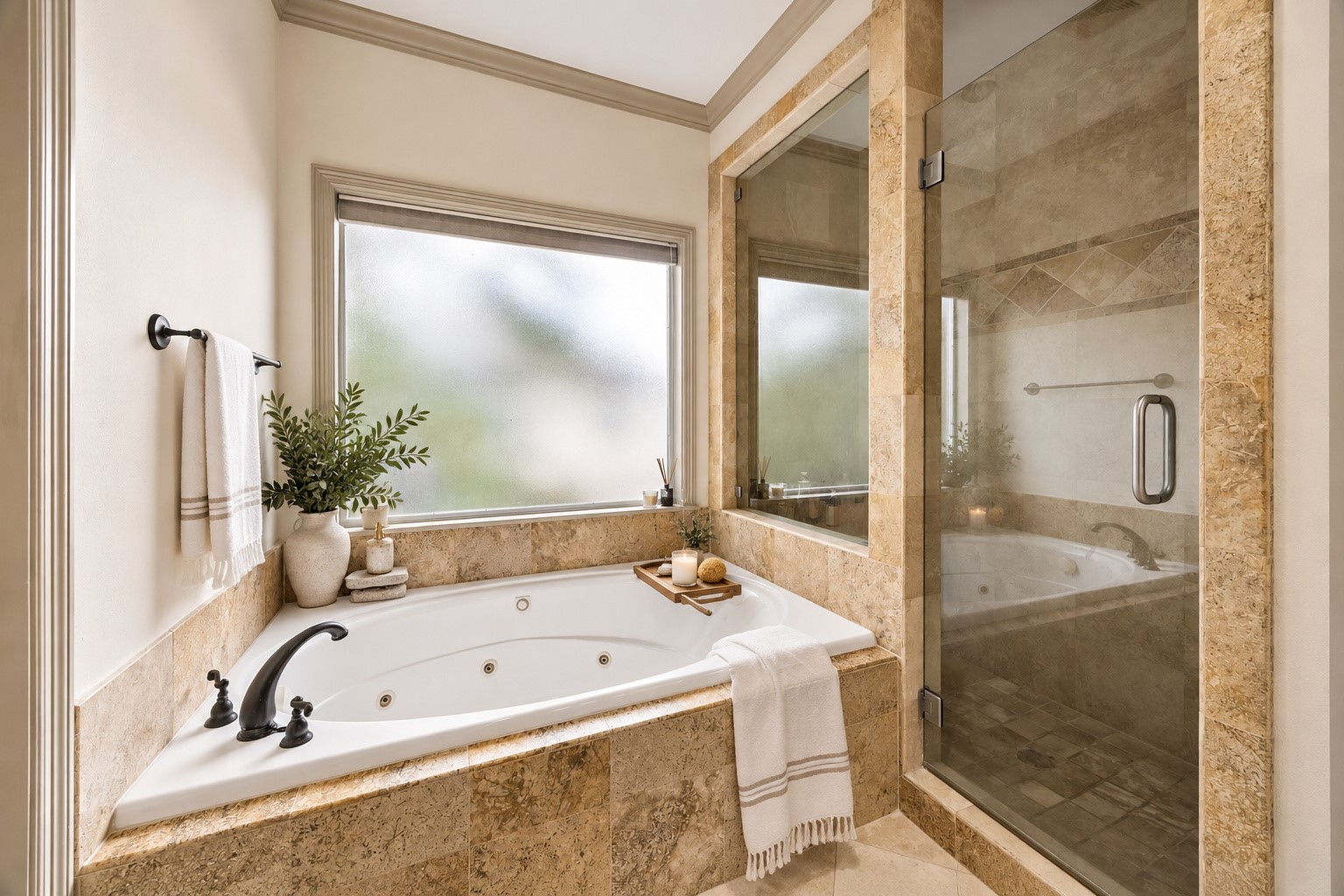 Another perspective of the spacious primary bath showcasing separate jetted soaking tub & walk-in shower w/ bench. The bath also features a private water closet & large walk-in closet w/ built-in hanging & shelving, creating a wonderful combination of comfort, functionality & storage. Virtually staged.