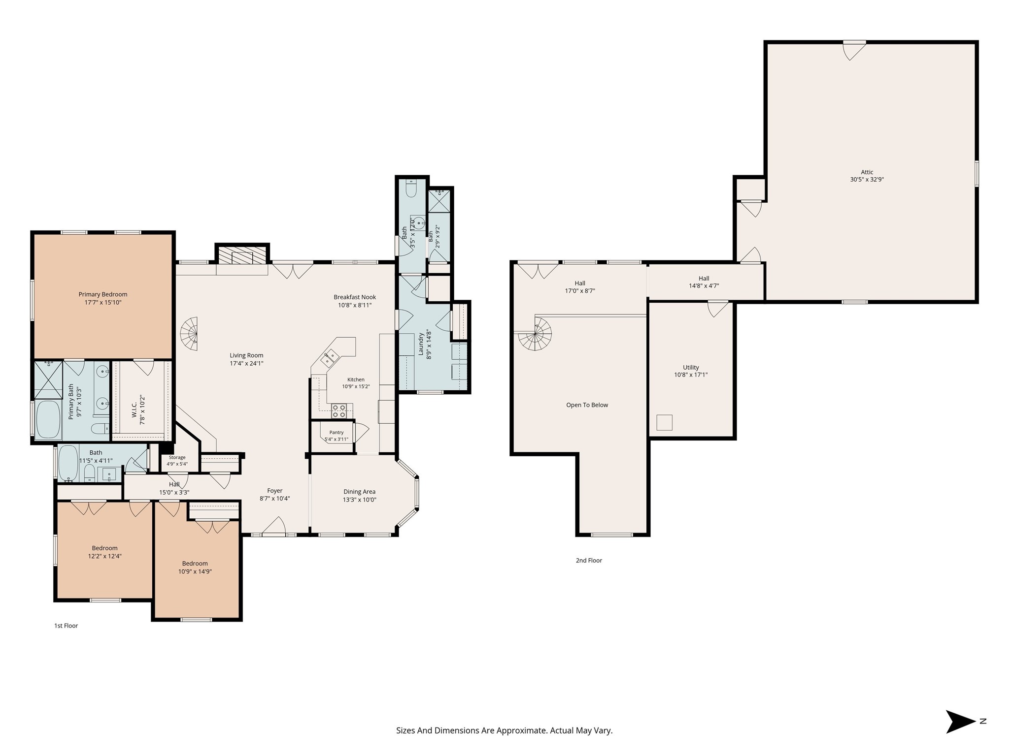 Floorplans showing both first and second floors.  Additional attic space above owner's suite is not shown but also accessible.