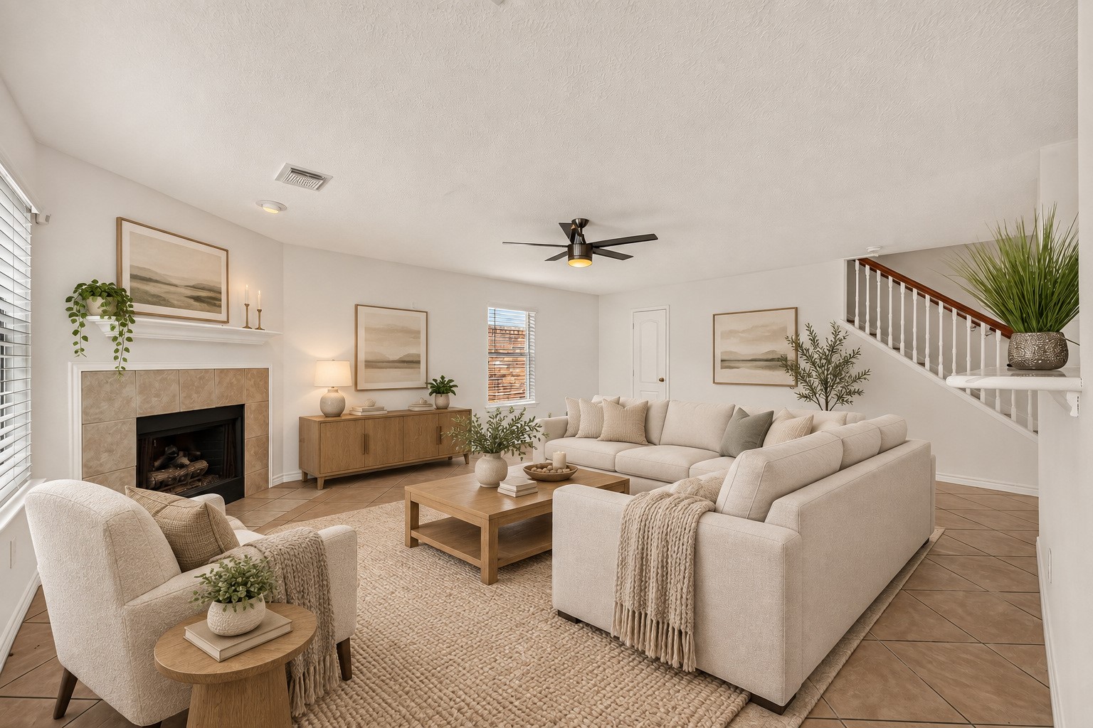 Spacious family room featuring a fireplace and open views of the staircase.
Virtually staged.
