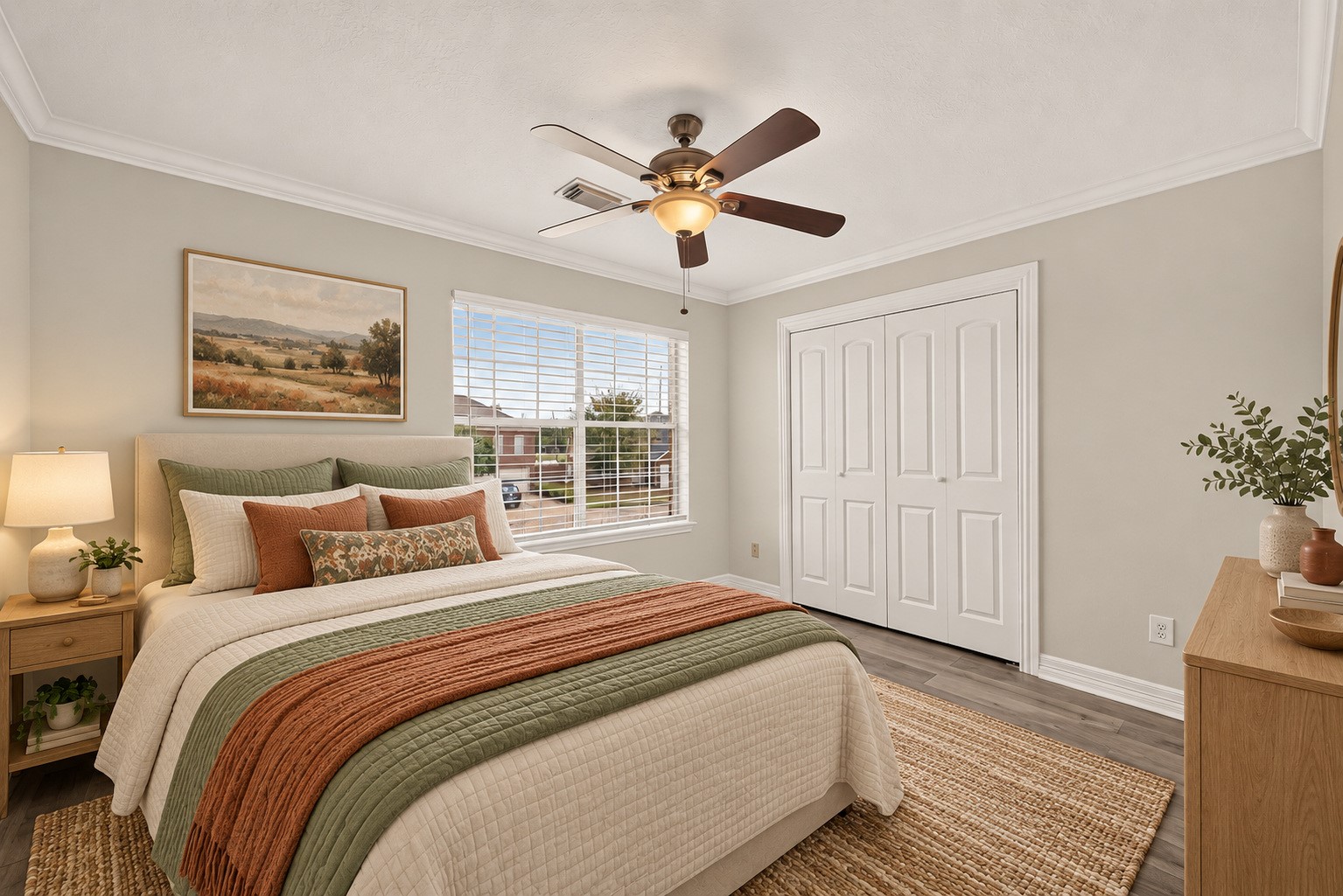 The second guest bedroom with vinyl flooring, a ceiling fan, and double closet doors. Virtually staged.