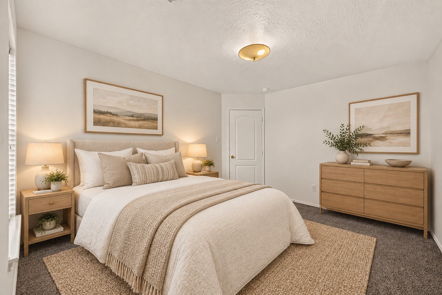 The first guest bedroom with a flexible layout and carpeted flooring. Virtually staged.