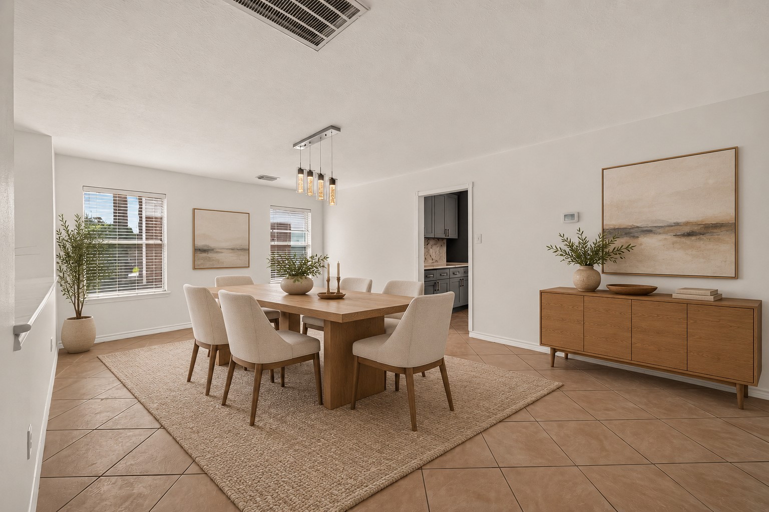 The formal dining room features a contemporary light fixture and a welcoming setting for meals and gatherings. Open to the living room and kitchen, the layout makes entertaining and everyday dining easy. **Virtually Staged.**