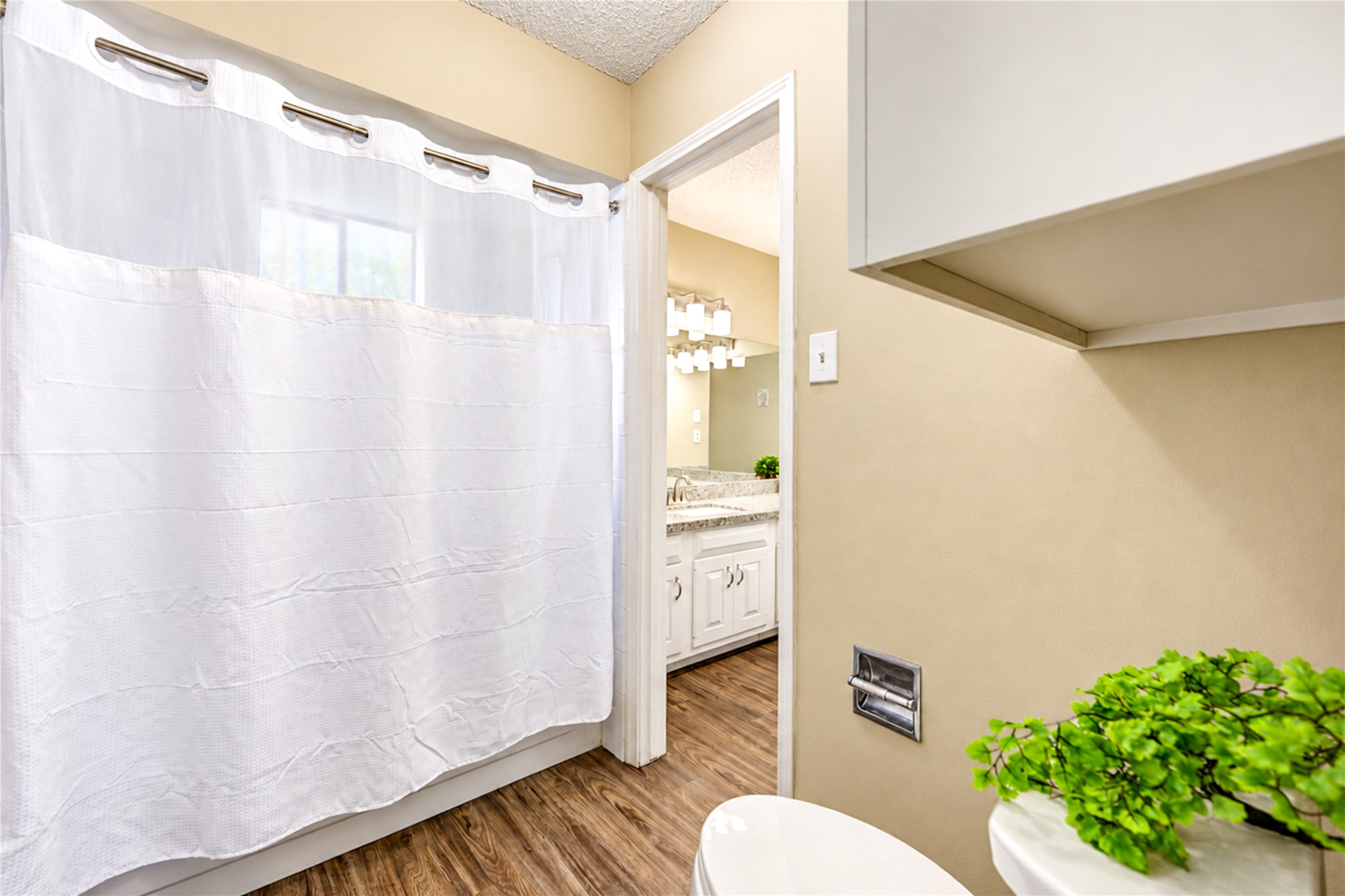 Bright bathroom with a sleek white vanity, modern fixtures, and a fresh ambiance enhanced by natural light and a touch of greenery.