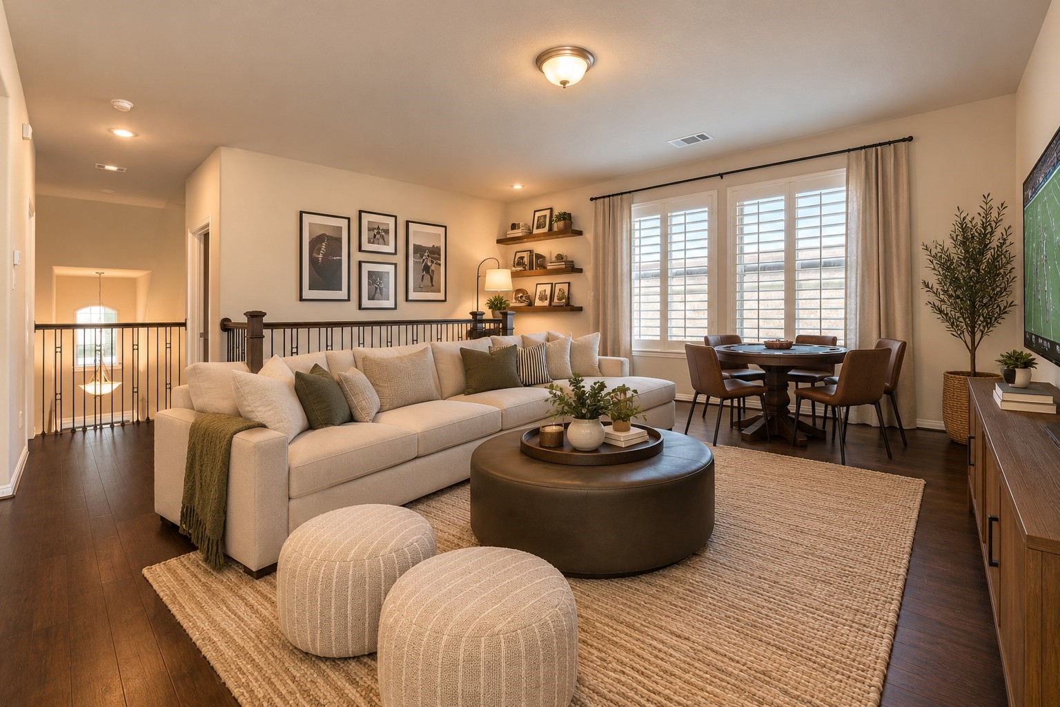 The upstairs game room overlooks the homes dramatic two-story living areas, creating an open, airy feel while allowing abundant natural light to flow throughout the space.
