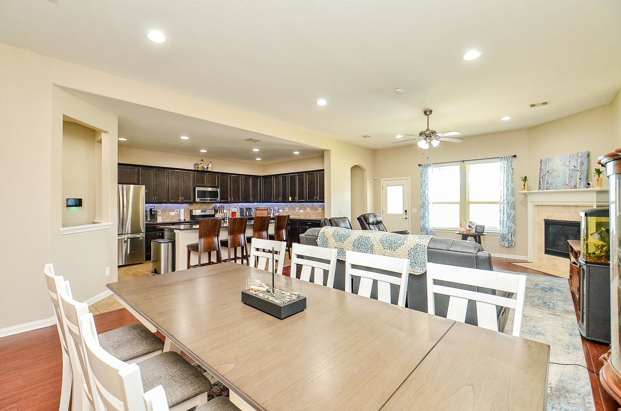 View from the dining room showing the massive kitchen.