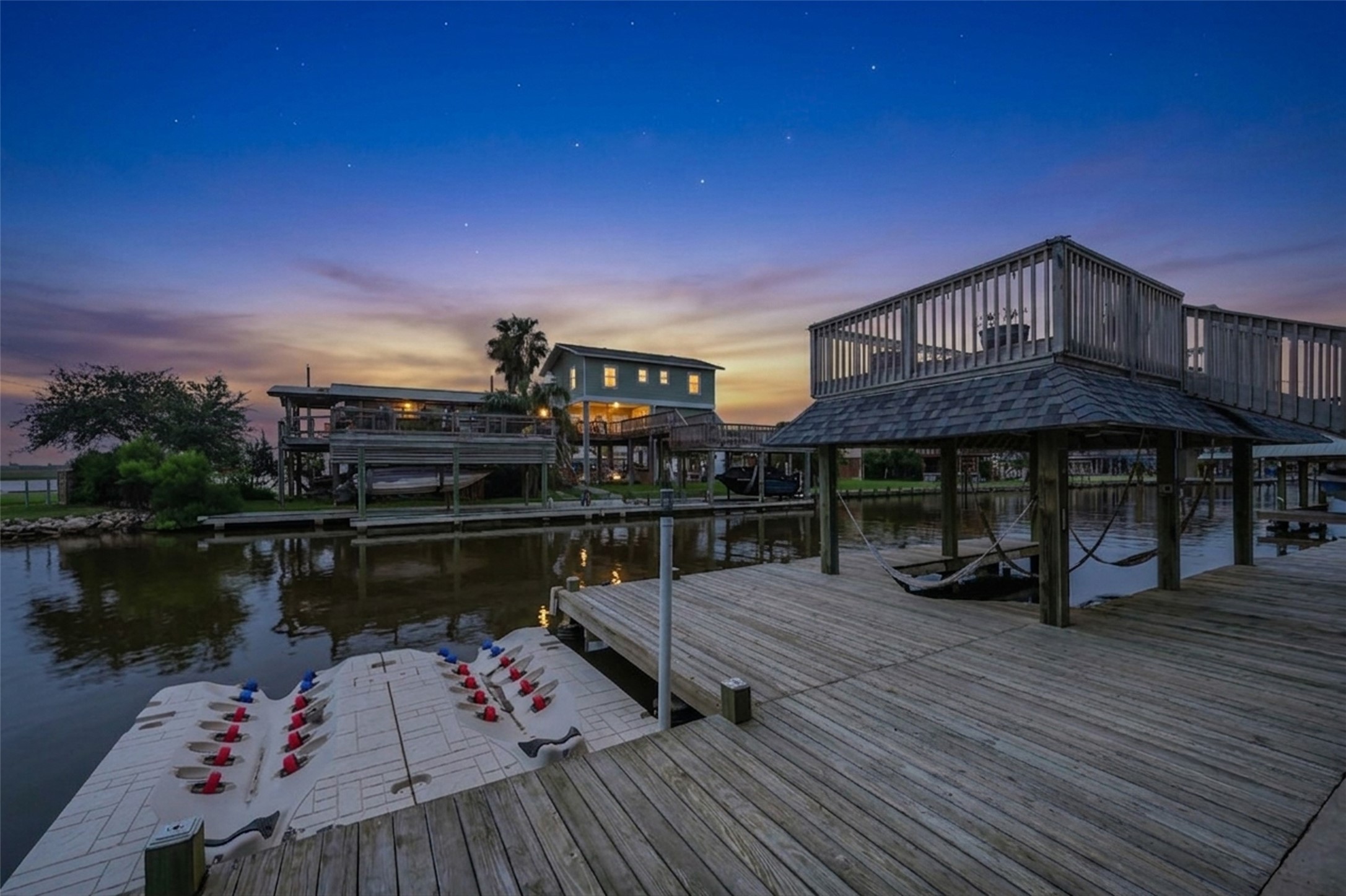 Boat Lift and Floating Dock at dusk