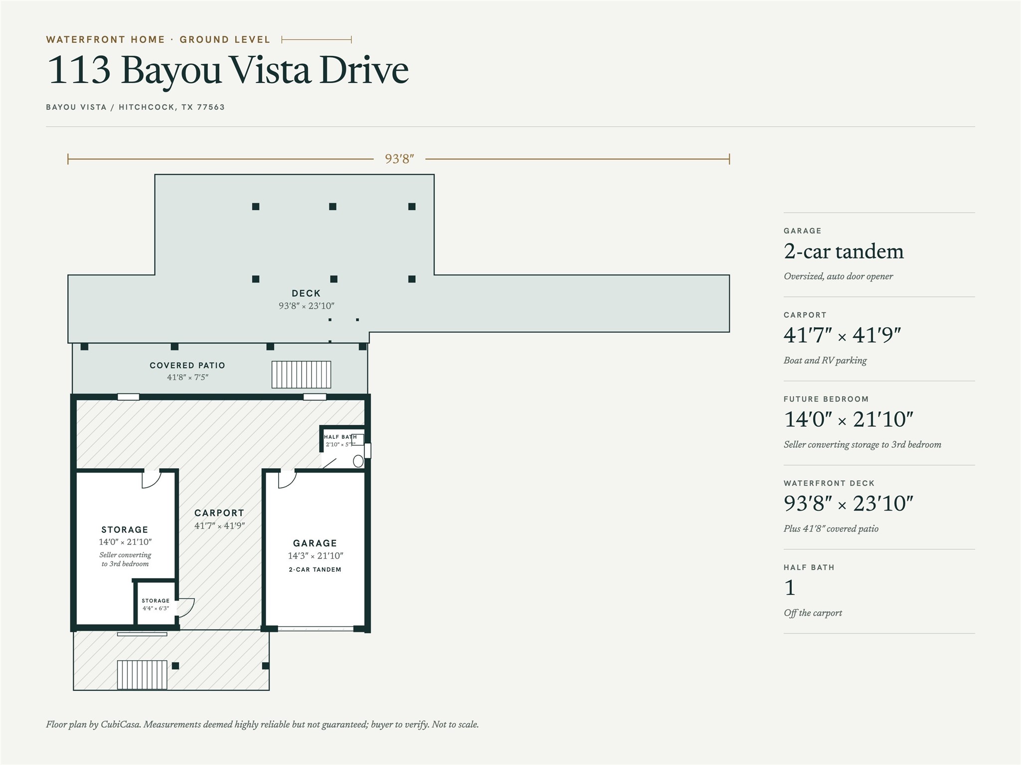 Ground Floor - The ground-level plan demonstrates just how much additional functional space exists beneath the home, including the oversized tandem garage, storage areas, half bath and large covered areas that can accommodate vehicles, boats or outdoor entertaining.