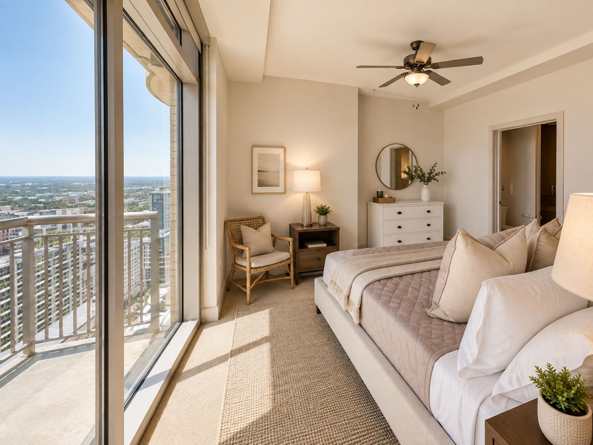 Serene primary bedroom features floor-to-ceiling windows, balcony access and sweeping views from this exceptional high-rise setting.