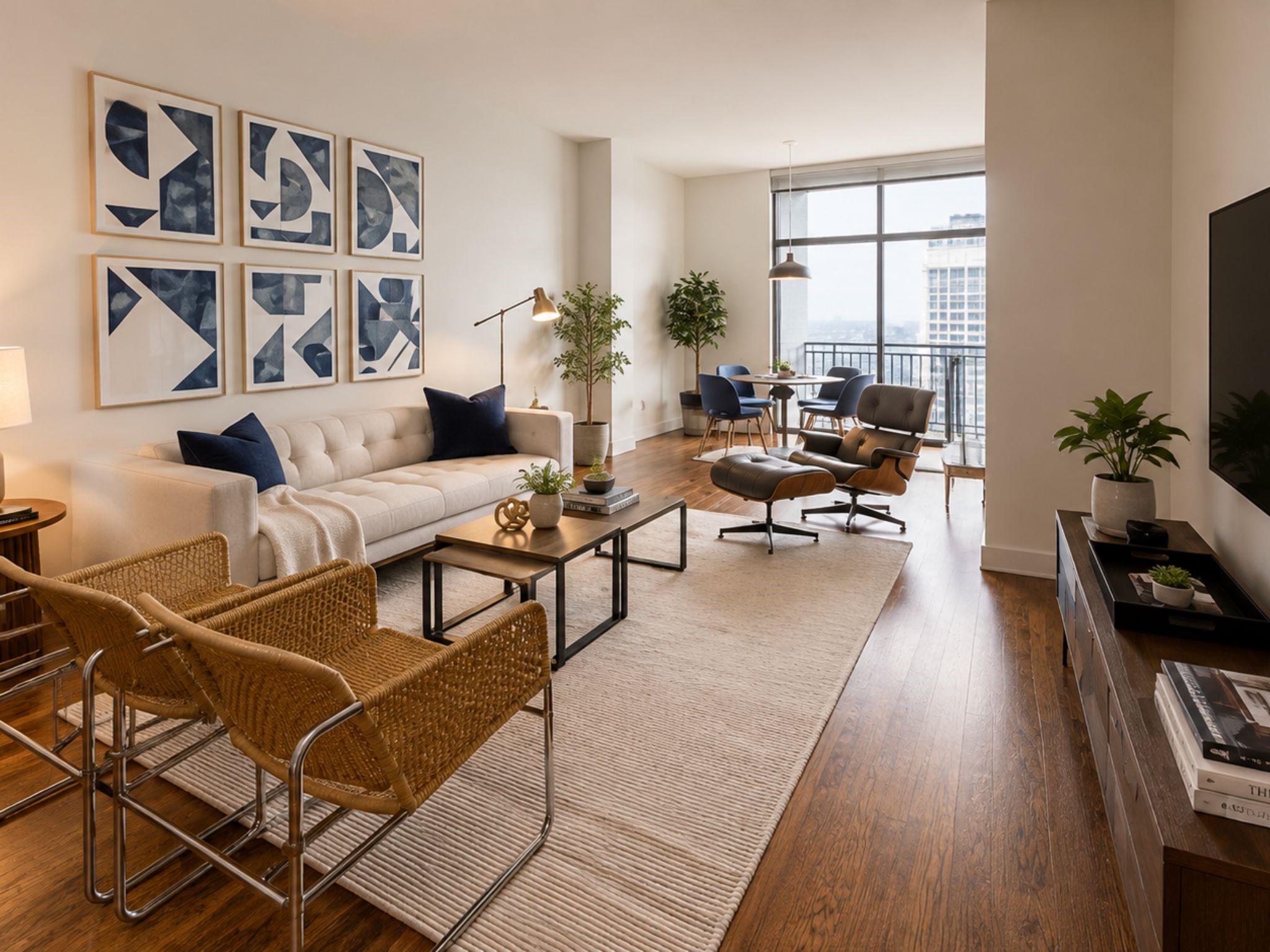 Light-filled living and dining area with warm hardwood floors, sophisticated finishes and expansive windows showcasing elevated city views.