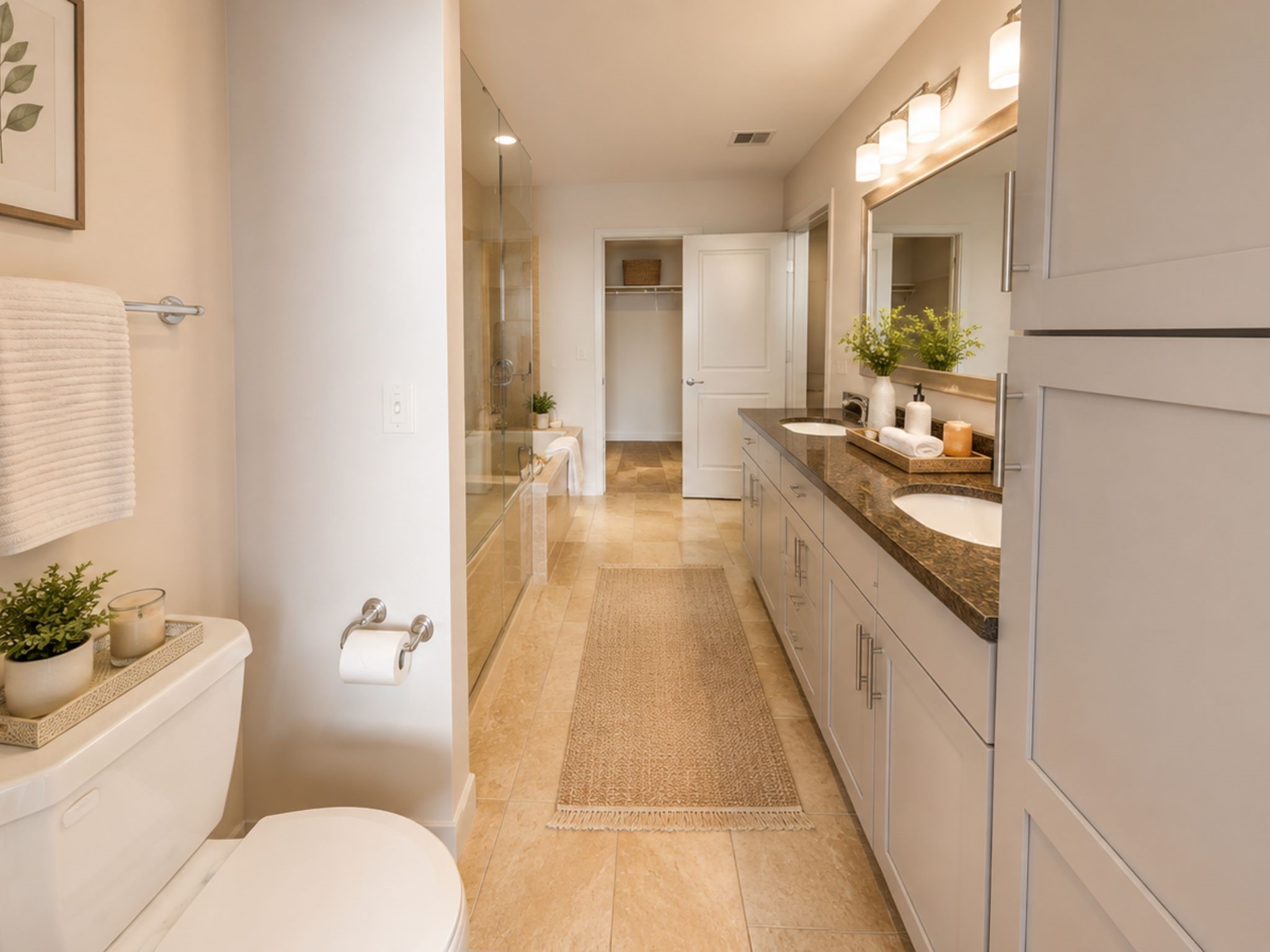 Spacious primary bath features an extended granite vanity, abundant cabinetry and a thoughtfully designed layout with generous storage.