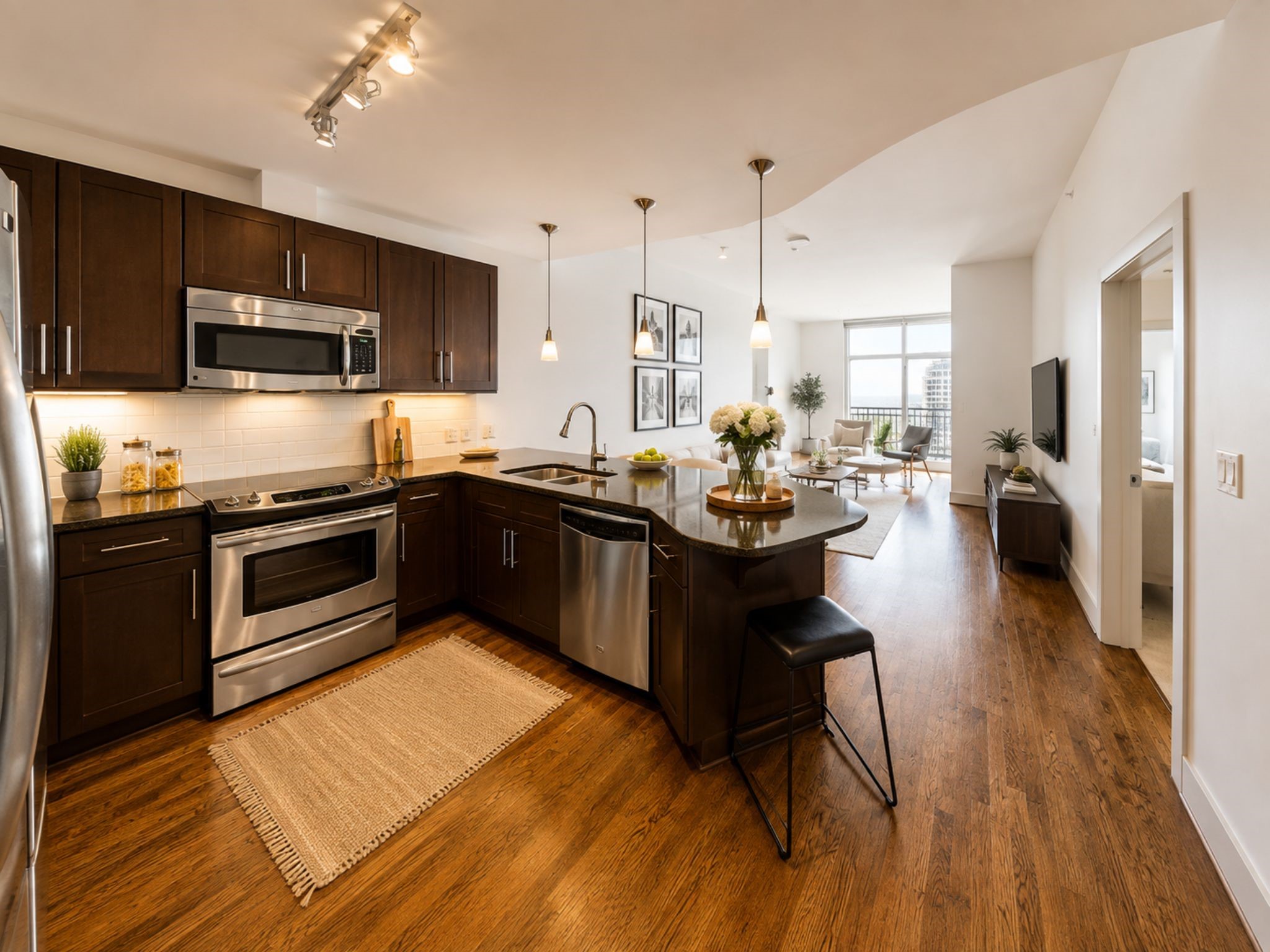 Gourmet kitchen with granite countertops, stainless steel appliances and generous cabinetry flows seamlessly into the open-concept living area.
