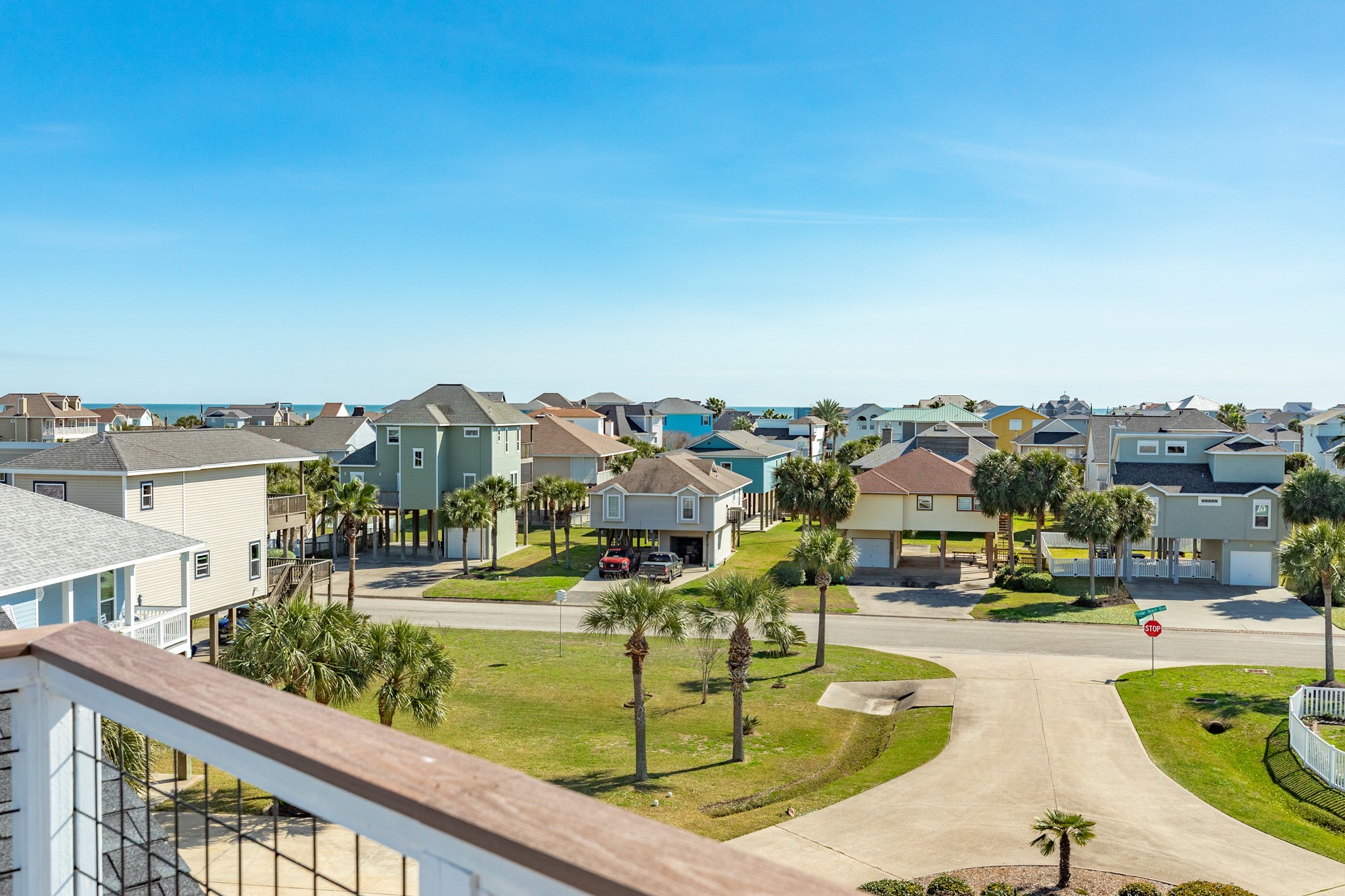 Gulf view to the south over roof tops from observation platform.