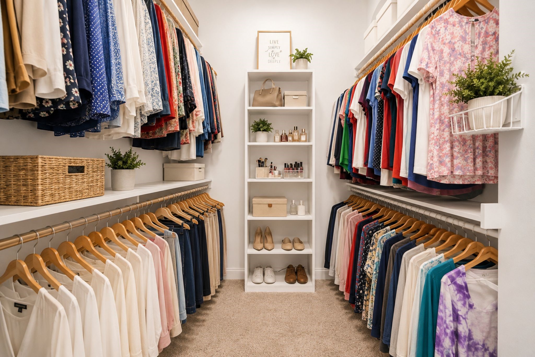 VIRTUALLY STAGED!
This walk-in closet features ample hanging space, built-in shelving for shoes and accessories, and a neatly organized layout with bright lighting, perfect for easy access and storage.