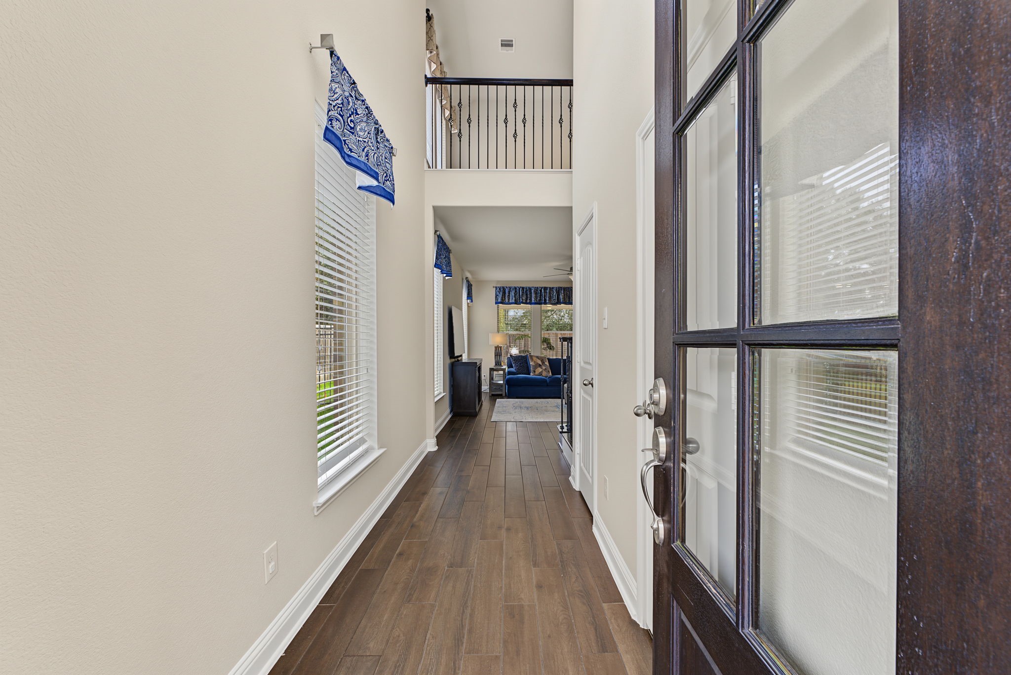 The beautiful wood look tile floors are durable and timeless.