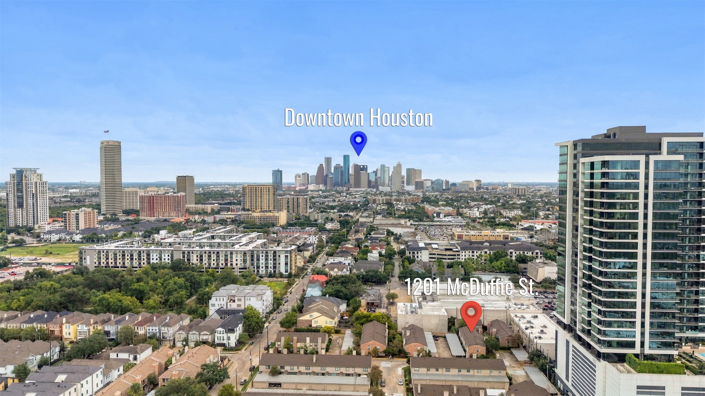 Prime location with easy access to Downtown Houston, offering a vibrant urban lifestyle surrounded by modern amenities and lush greenery.