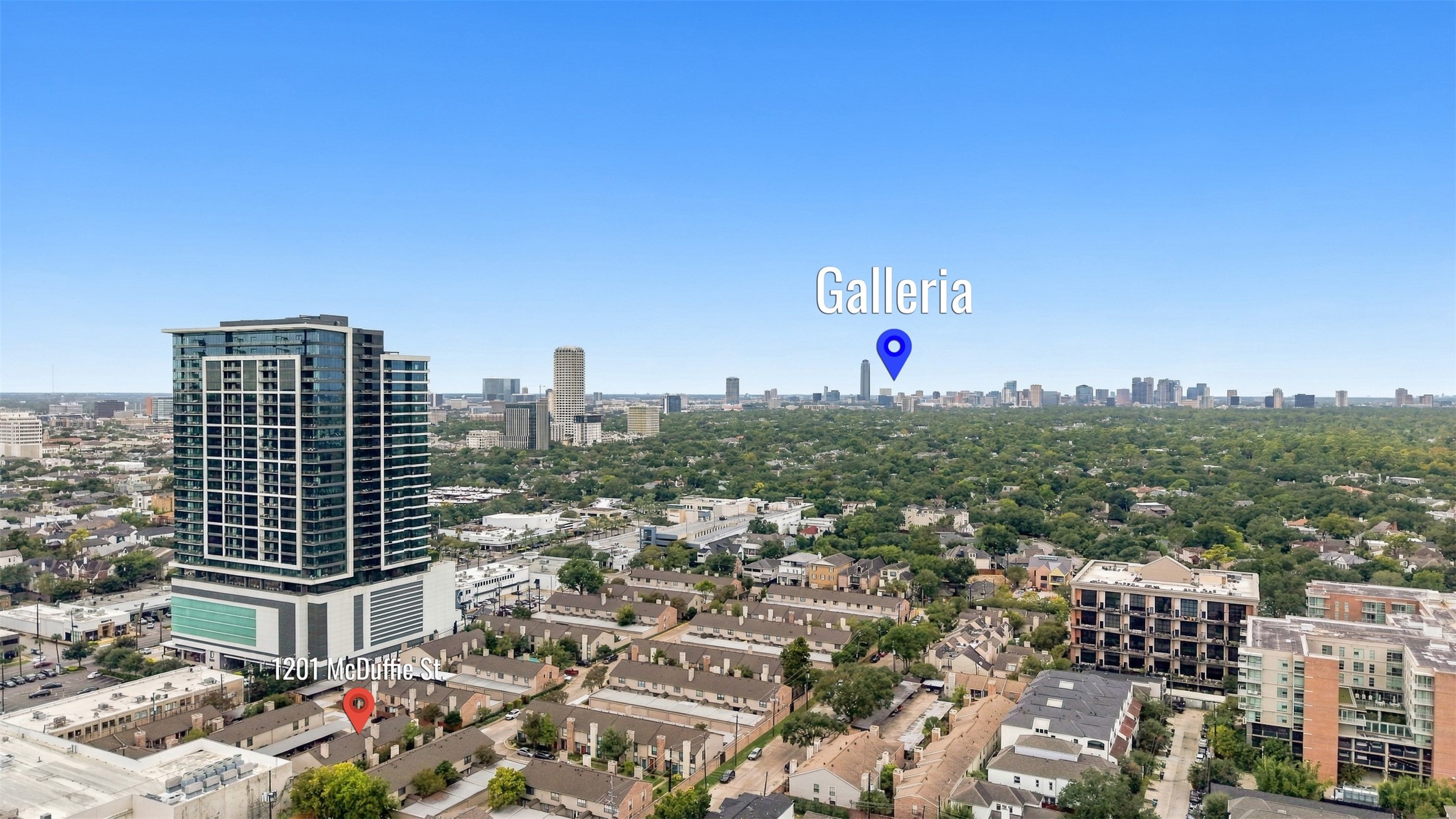 Stunning aerial view of a vibrant urban landscape featuring a modern high-rise and proximity to the bustling Galleria area, perfect for those seeking city living with convenience.