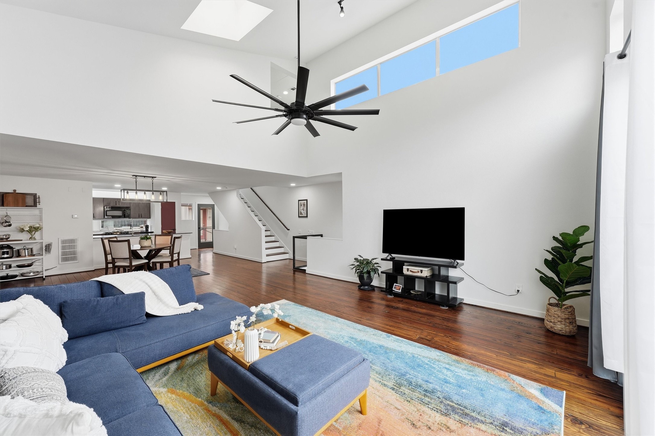 High windows offer lots of natural light as well as privacy,