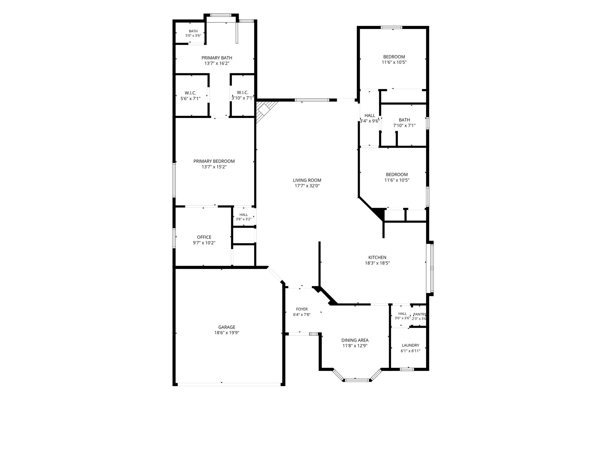 Floor plan illustrating the home's spacious layout, including three bedrooms, two bathrooms, an office, living room, kitchen, dining area, laundry room, and two-car garage.