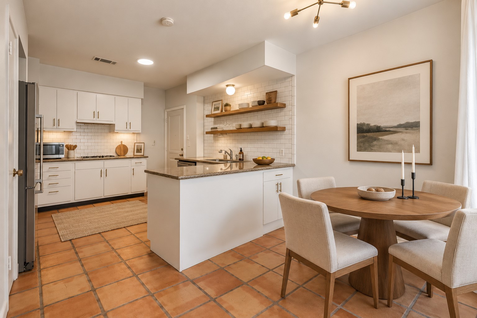 virtually staged dining nook and kitchen.