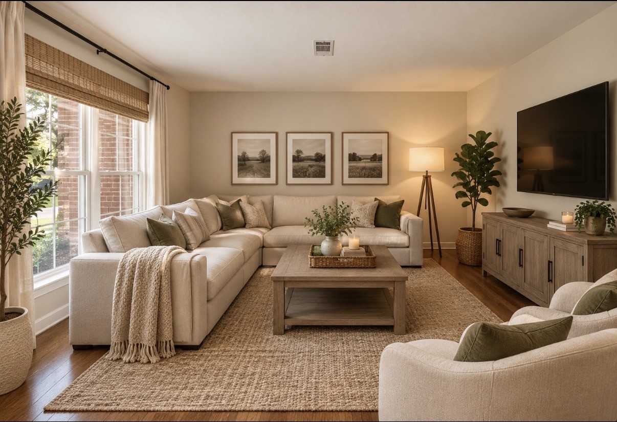 Digitally staged photo of the front room showing it set up as a family room.