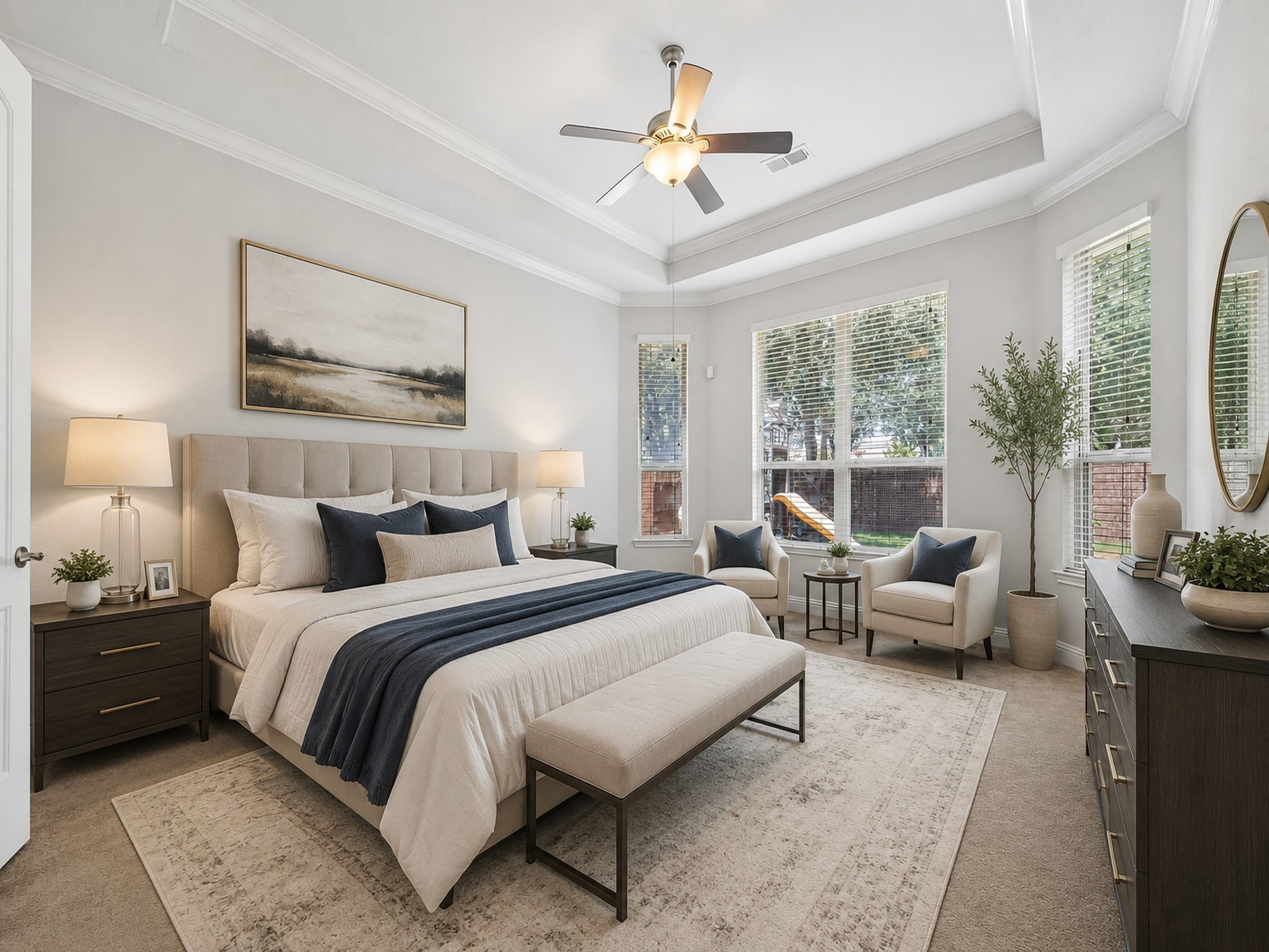Spacious owner's retreat with tray ceiling and abundant natural light (Virtually Staged)
