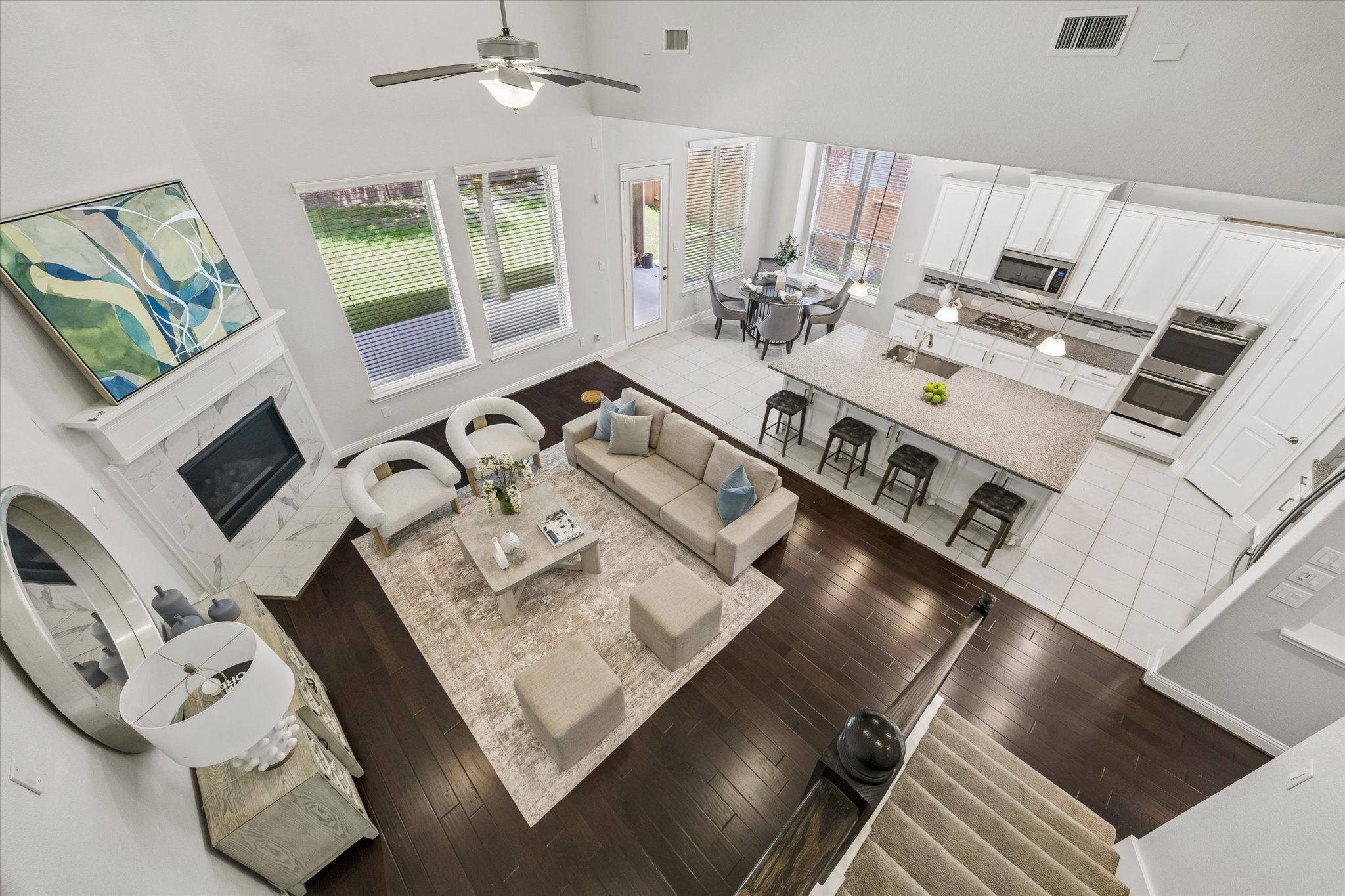Living Room View from the 2nd floor.  Open layout designed for comfortable everyday living and entertaining.