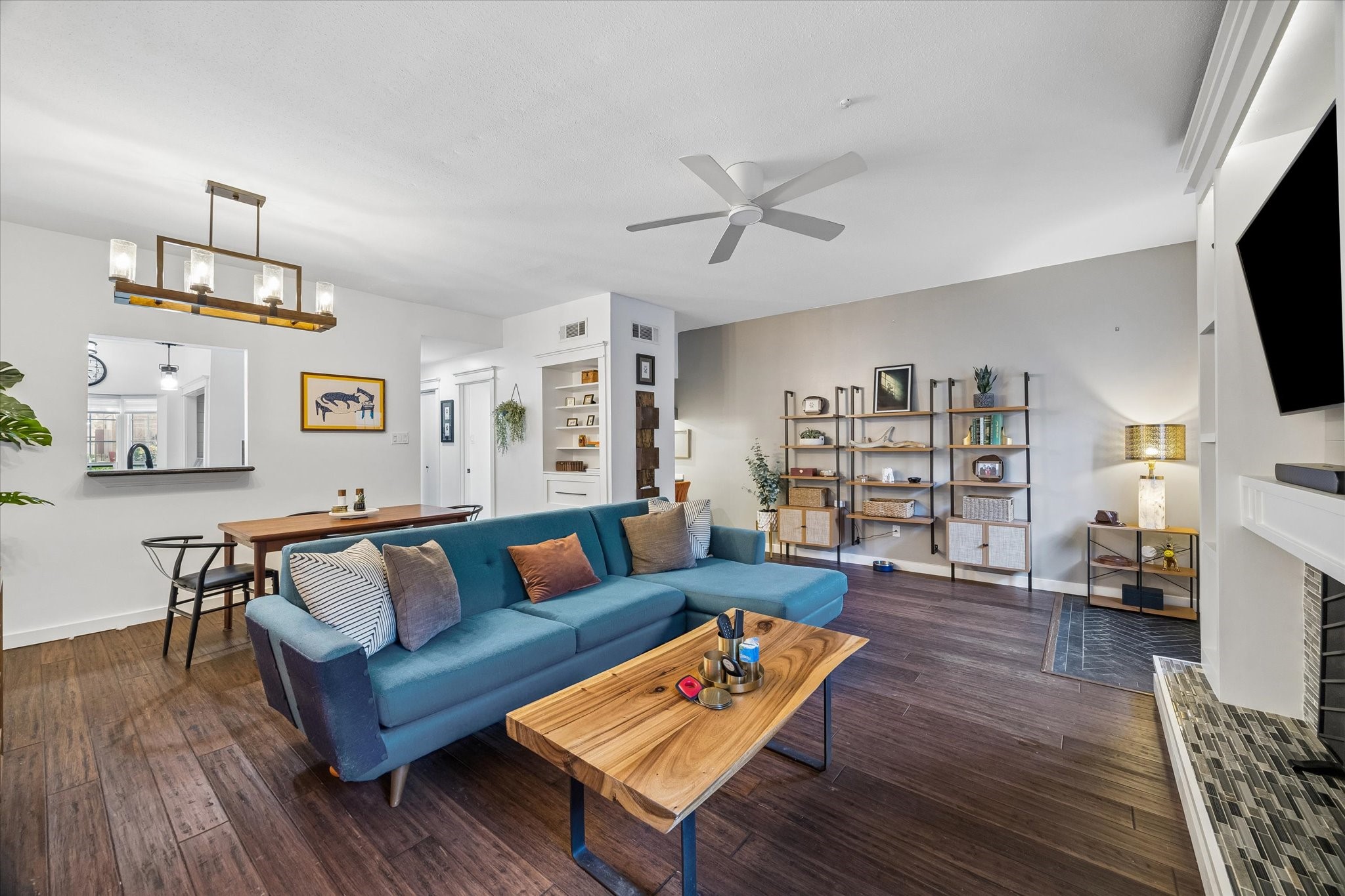 Open living space with a dedicated office space.