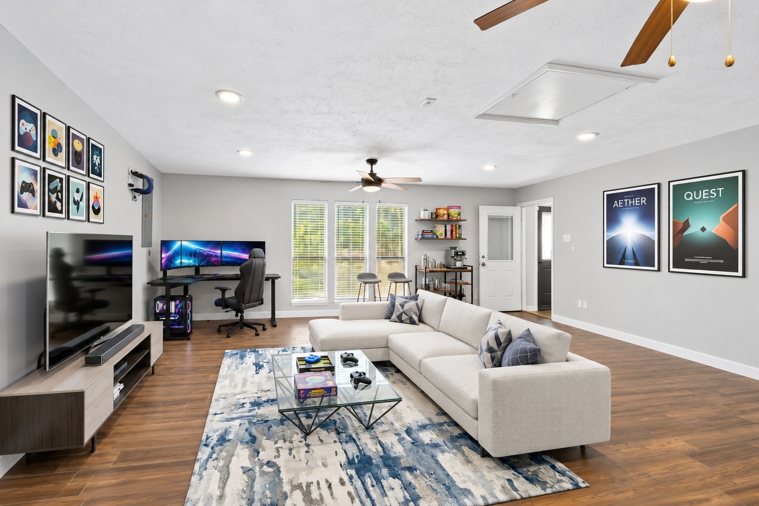 This versatile second living area offers additional space for a game room, media room, or home gym, with direct access to the backyard. Virtually staged.