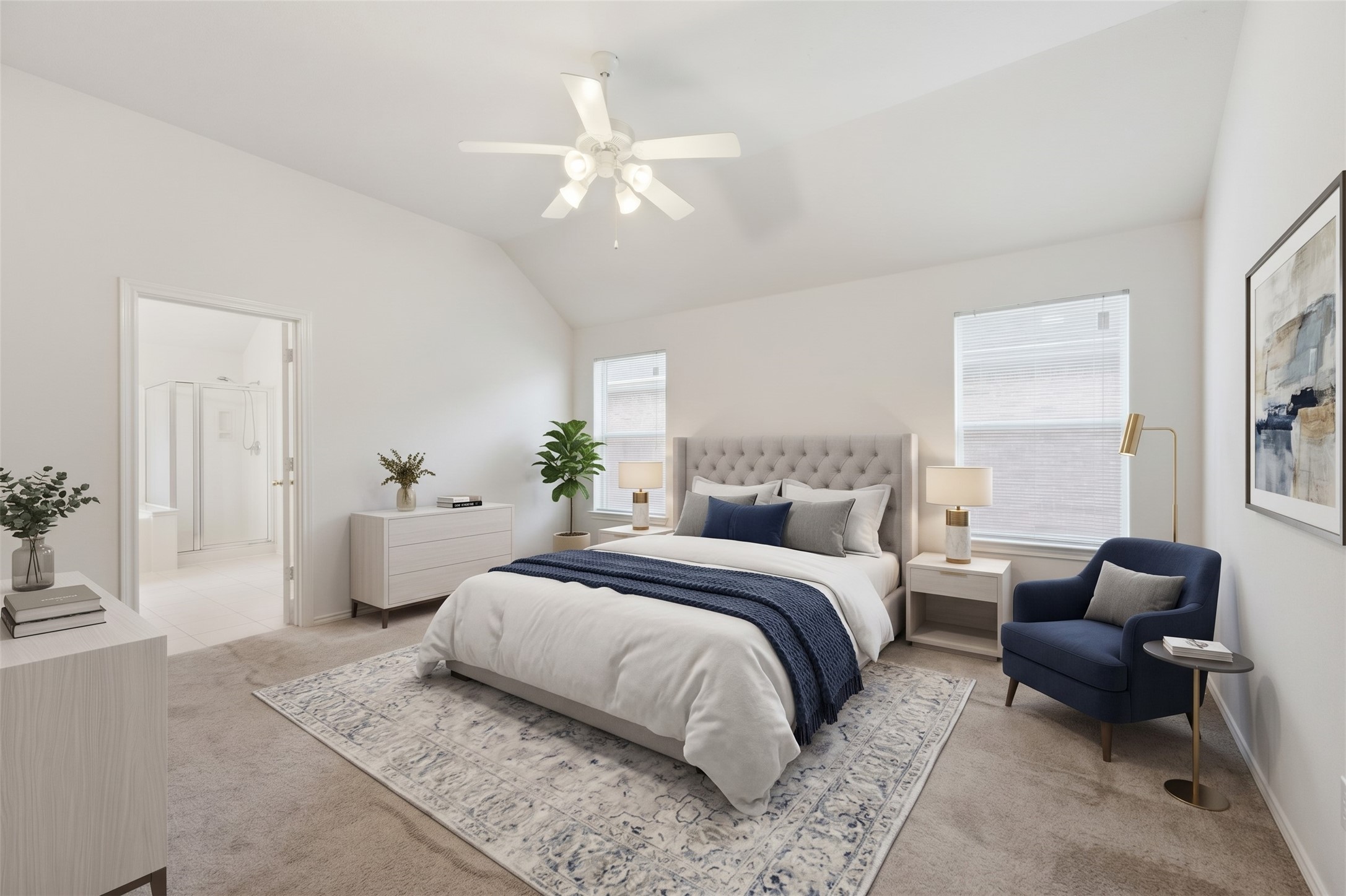 Spacious primary retreat with high ceilings, dual picture windows, and private ensuite bath access. (virtually staged)