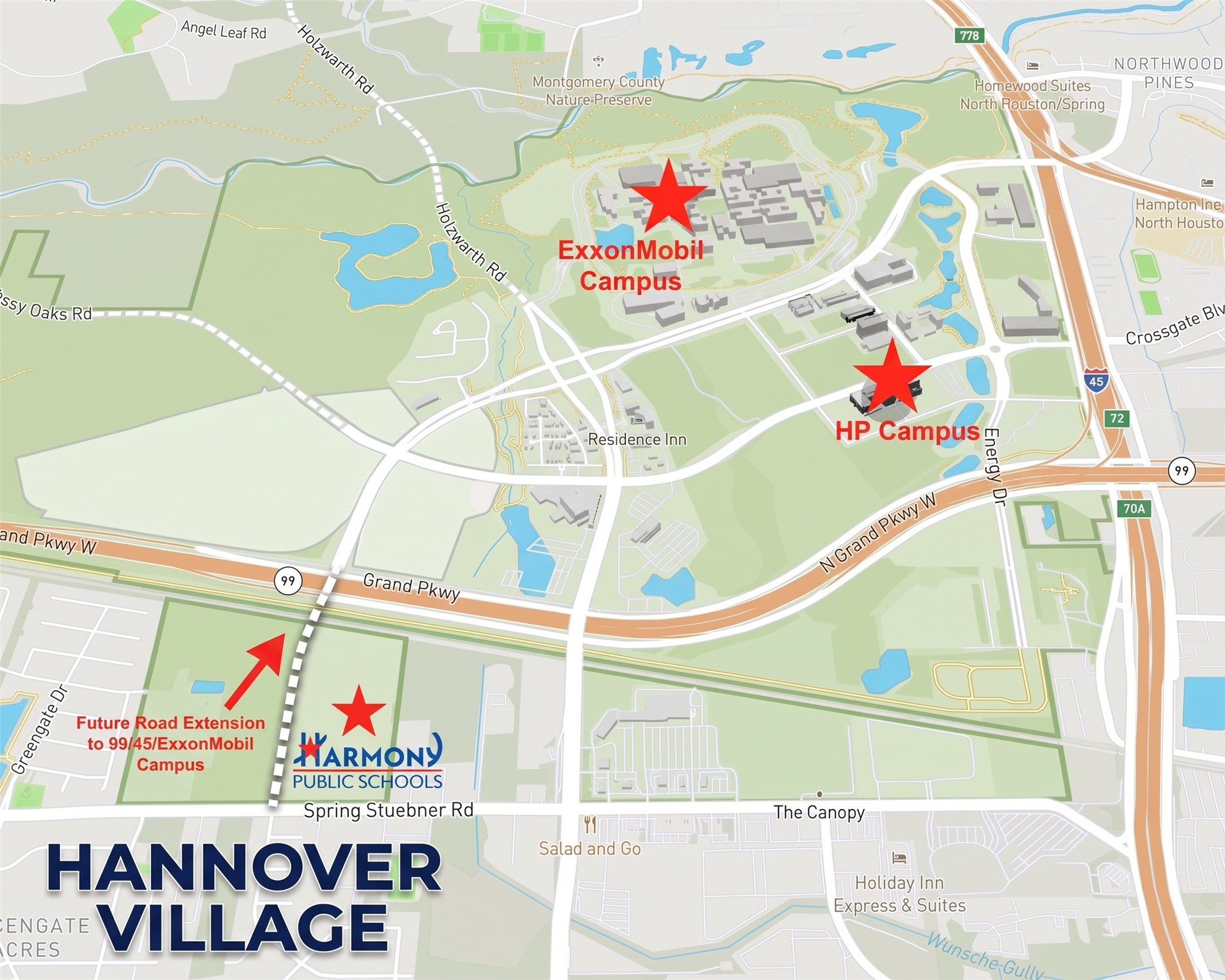 Prime positioning in Hannover Village just off Spring Stuebner Rd. Enjoy rapid access to the Grand Parkway (TX-99), I-45, Harmony Public School (Pre-K to 7th Grade), and major employment hubs including the ExxonMobil and HP campuses. Note future road extension planned directly connecting to TX-99/ExxonMobil corridor!