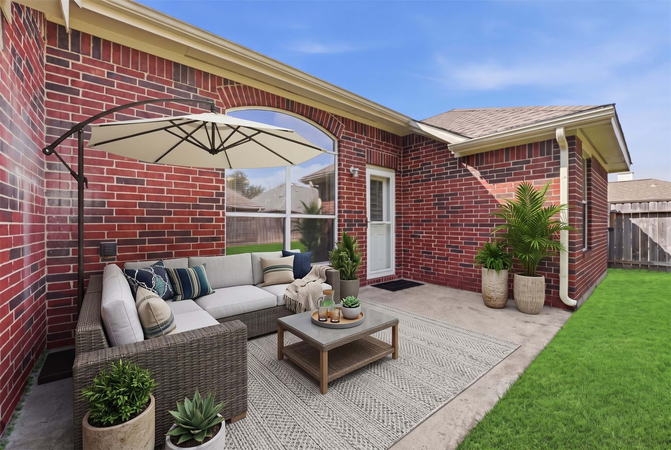 Private concrete back patio and fully fenced lawn framed by timeless full-brick construction and classic arched window detail. (virtually staged)