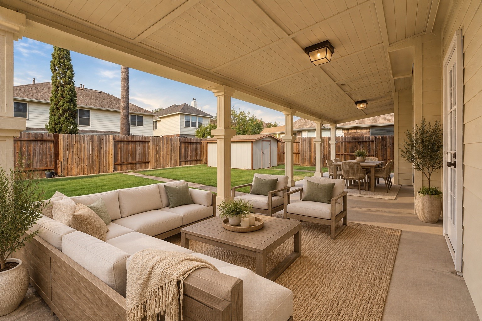 Spacious covered patio with comfortable seating, perfect for outdoor entertaining