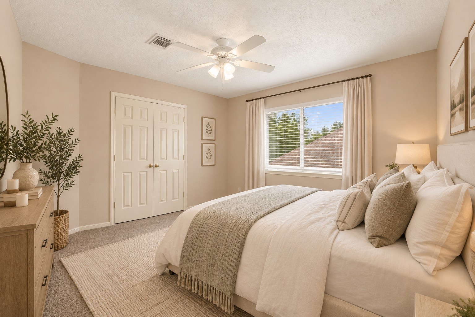 Cozy 5th bedroom featuring neutral walls, plush carpet, a ceiling fan, and a double-door closet, with a window offering natural light (virtually staged)