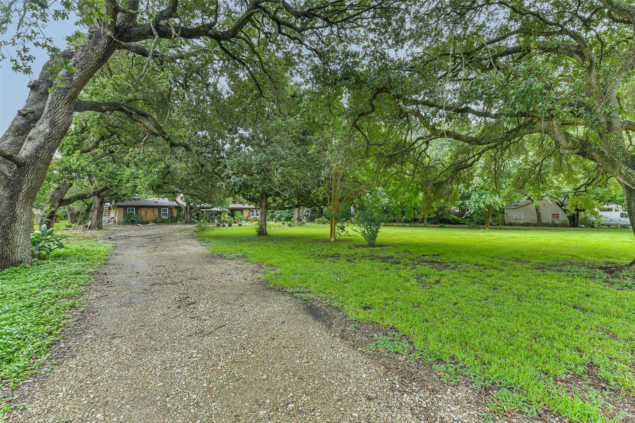 Great view of the front of the house and showing all the trees around the lot and circular driveway