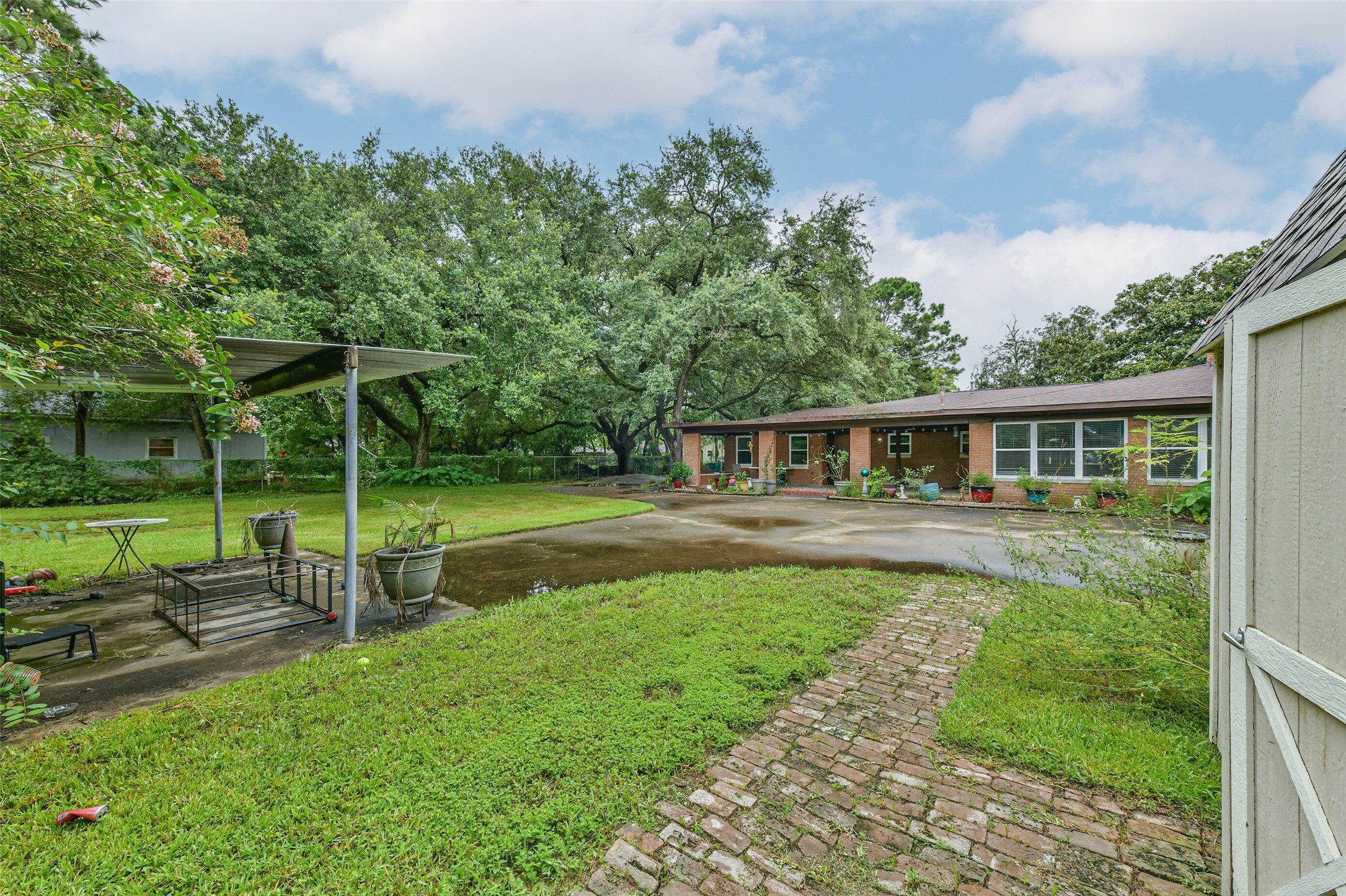 Back of house showing back covered patio, 2 car carport.  Storage building stays.