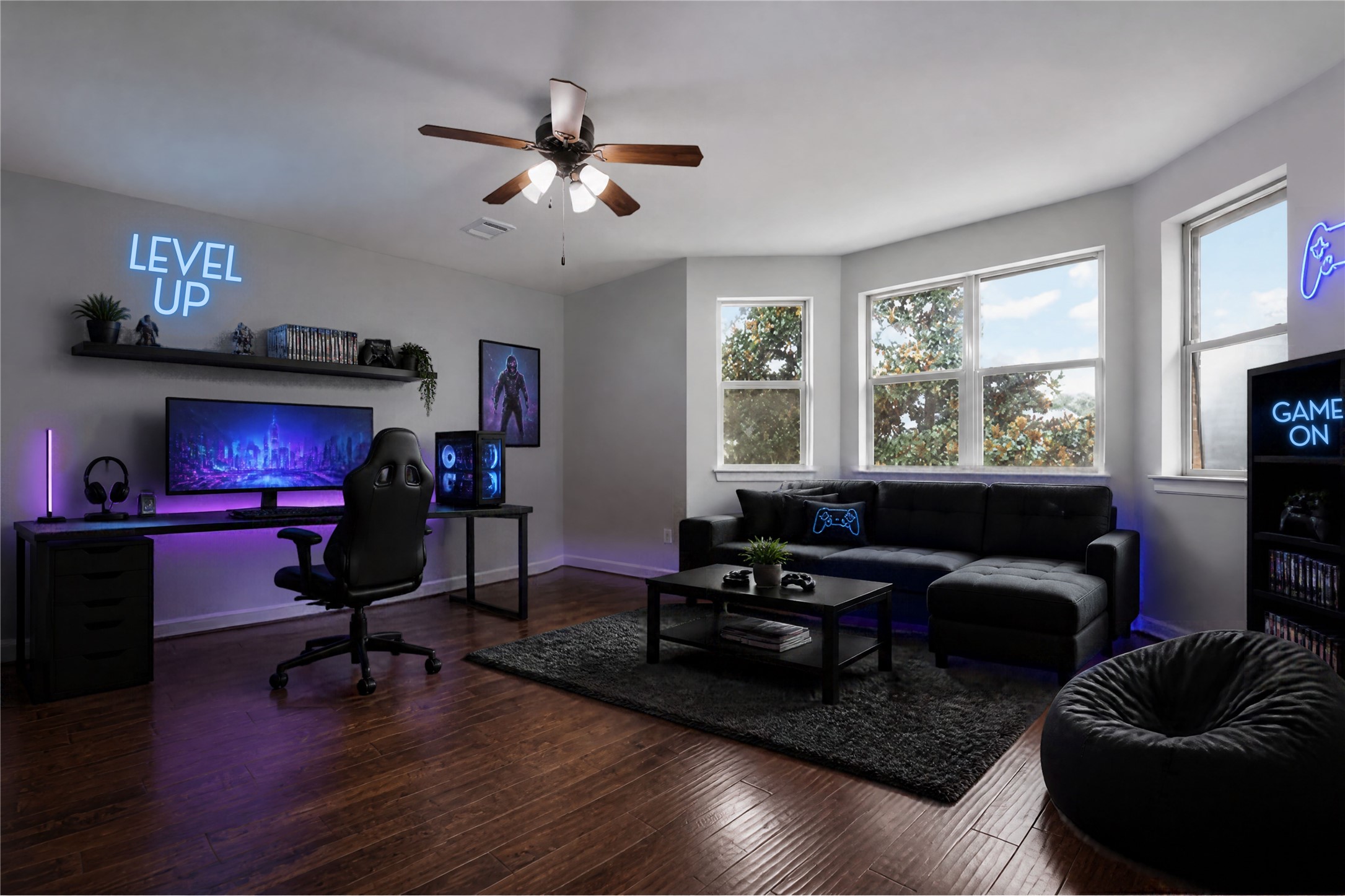 Gameroom virtually staged.