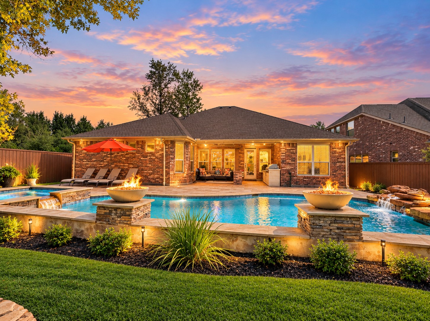 As the sun sets, the backyard offers a peaceful setting to unwind, enjoy the pool/spa, or spend time with friends and family outdoors. As the sun sets, the backyard offers a peaceful setting to unwind, enjoy the pool/spa, or spend time with friends and family outdoors.