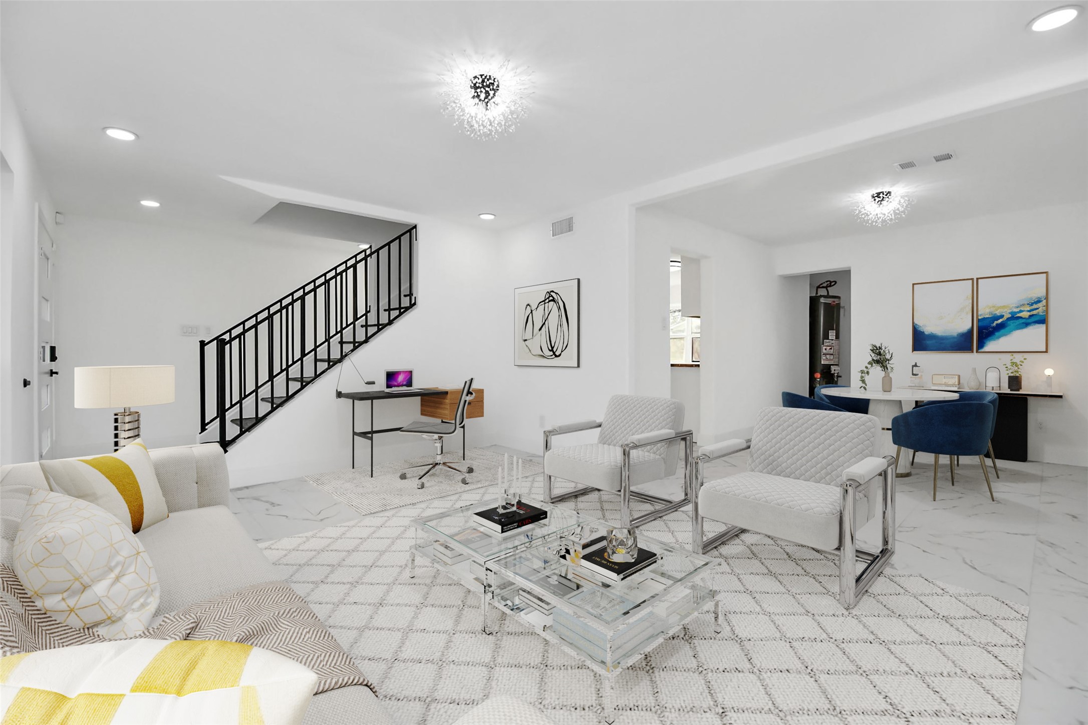 Just off the entry, a versatile space awaits, perfect as a formal living room or study. It features elegant marble subway tile flooring and new double-pane windows. (Virtually Staged)
