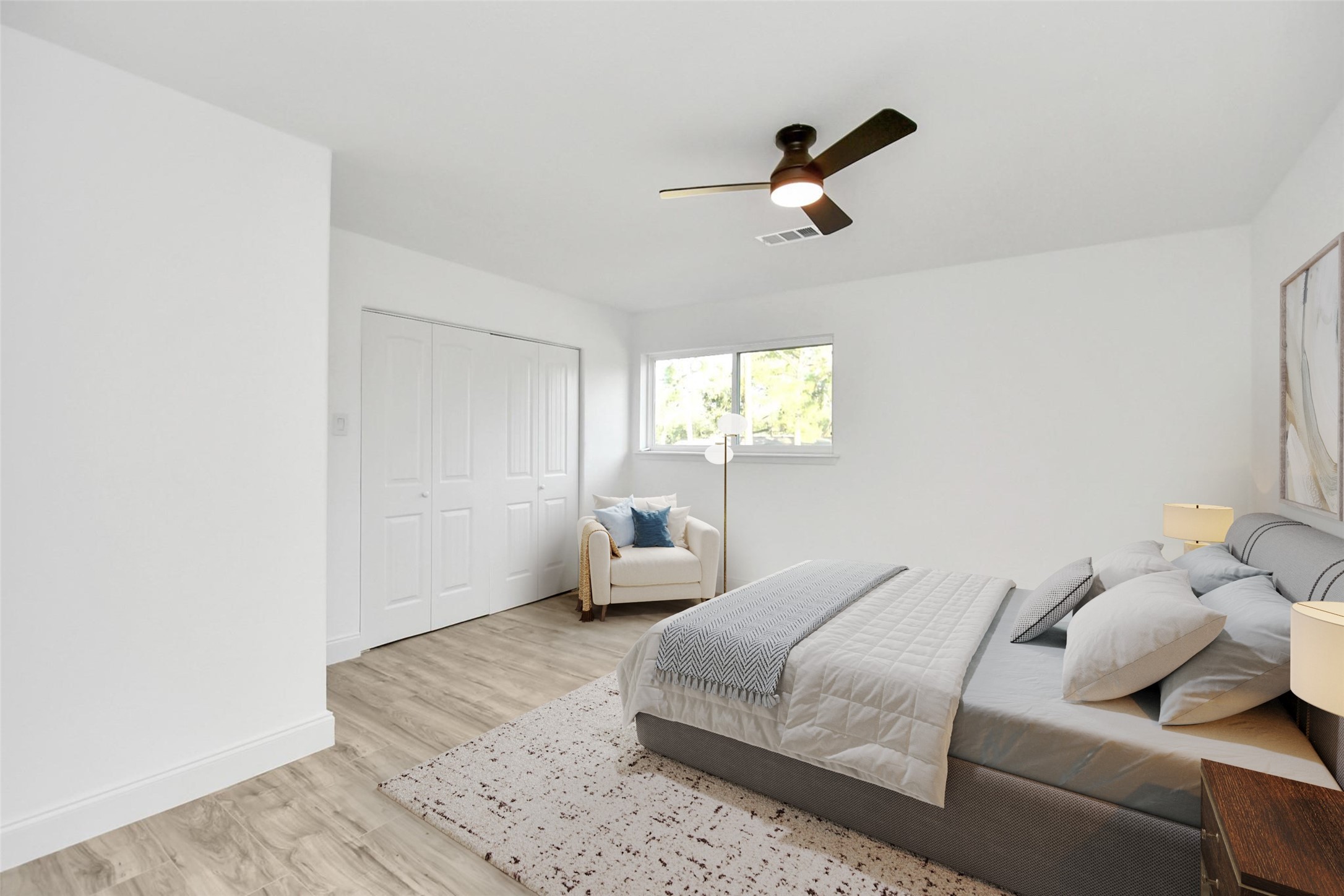 One of three upstairs secondary  bedroom features unique wall adding character to the room. (Virtually Staged)