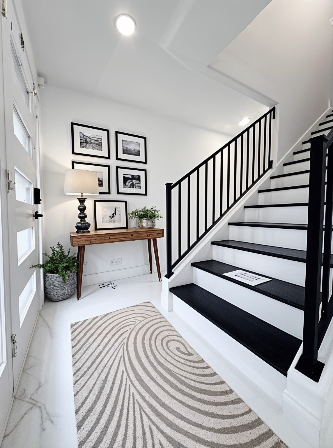 A black wood stair case and marble floors welcome you inside this incredible home.