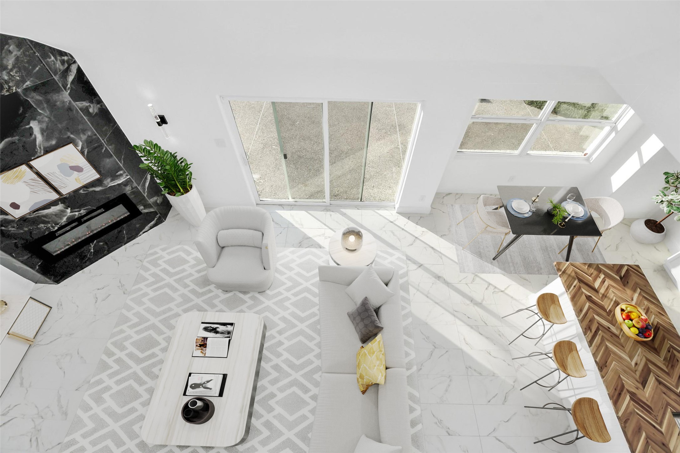 A view from the balcony above reveals a matsterpiece of transformation. This stunning perspective of the incredible perspective showcases the home's remarkable design and updates. Welcome to 6035 Cartagena. (Virtually Staged)