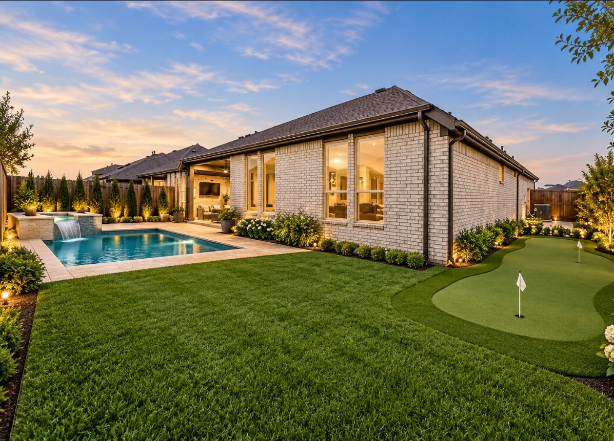Conceptual rendering showing a potential pool, putting green and landscaping. All the upgrades are completed on the interior of this house-so the backyard is ready for you to make it your own. Conceptual rendering showing a potential pool, putting green and landscaping. All the upgrades are completed on the interior of this house-so the backyard is ready for you to make it your own.
