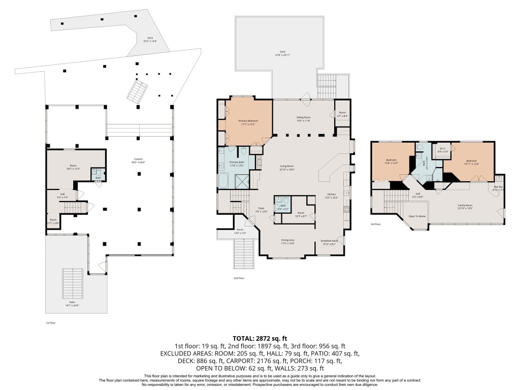 This is a floor plan of a multi-level home totaling 2,872 sq. ft. It includes three floors with a mix of living spaces, bedrooms, and bathrooms. The first floor has a large carport and patio, the second floor features a spacious living room, kitchen, and deck, while the third floor includes additional bedrooms and a family room.